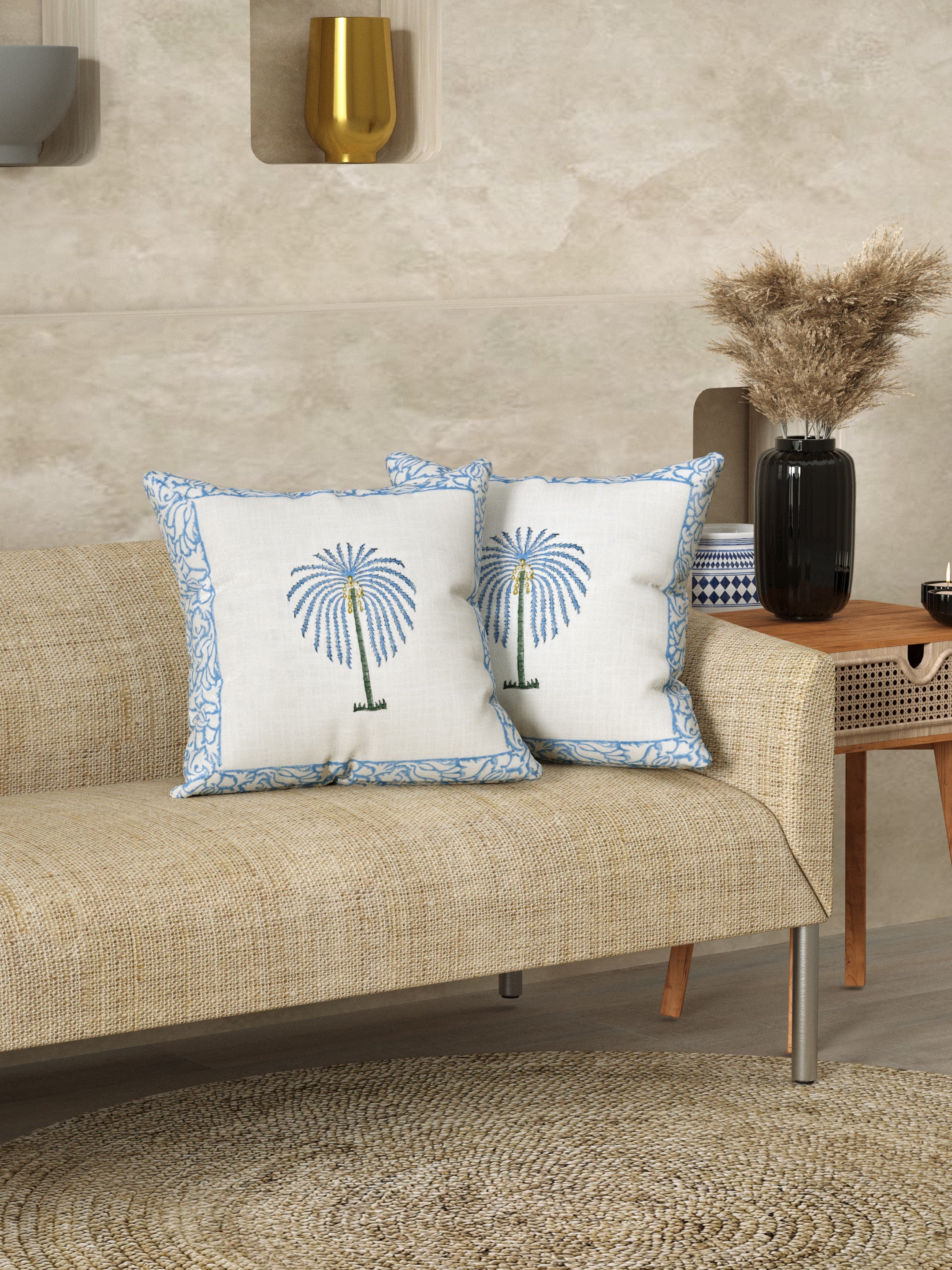 LIVING ROOTS Slub Cotton Block Printed Cushion Covers - 2 Piece Set (White & Blue) | Handcrafted Palm Tree Design | Decorative Sofa & Living Room Cushion Covers | 16x16 Inches (40-039-2PC)