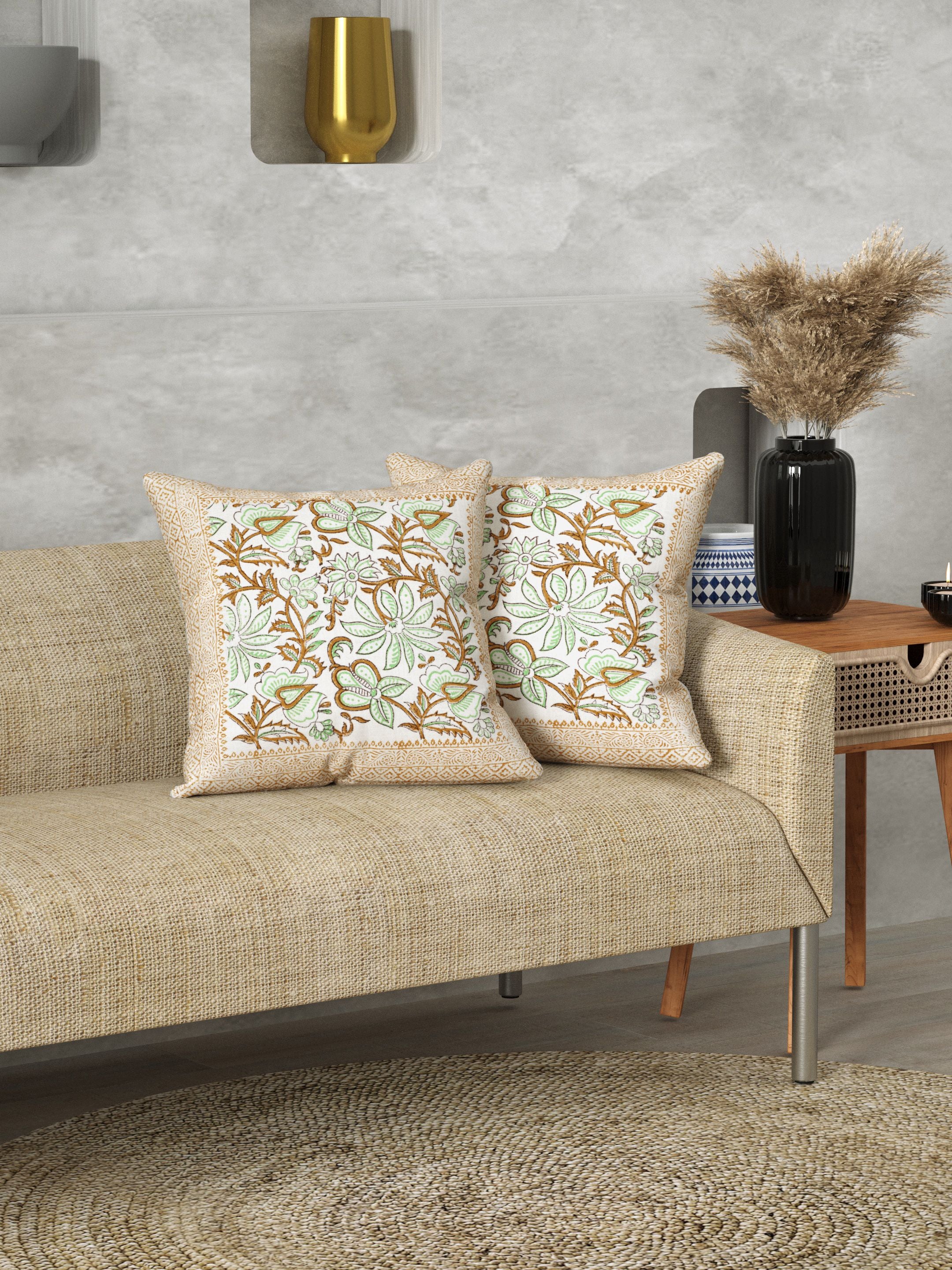 LIVING ROOTS Slub Cotton Block Printed Cushion Covers - 2 Piece Set (Beige & Green) | Traditional Floral Vine Design | Decorative Sofa & Living Room Cushion Covers | 16x16 Inches (40-040-2PC)