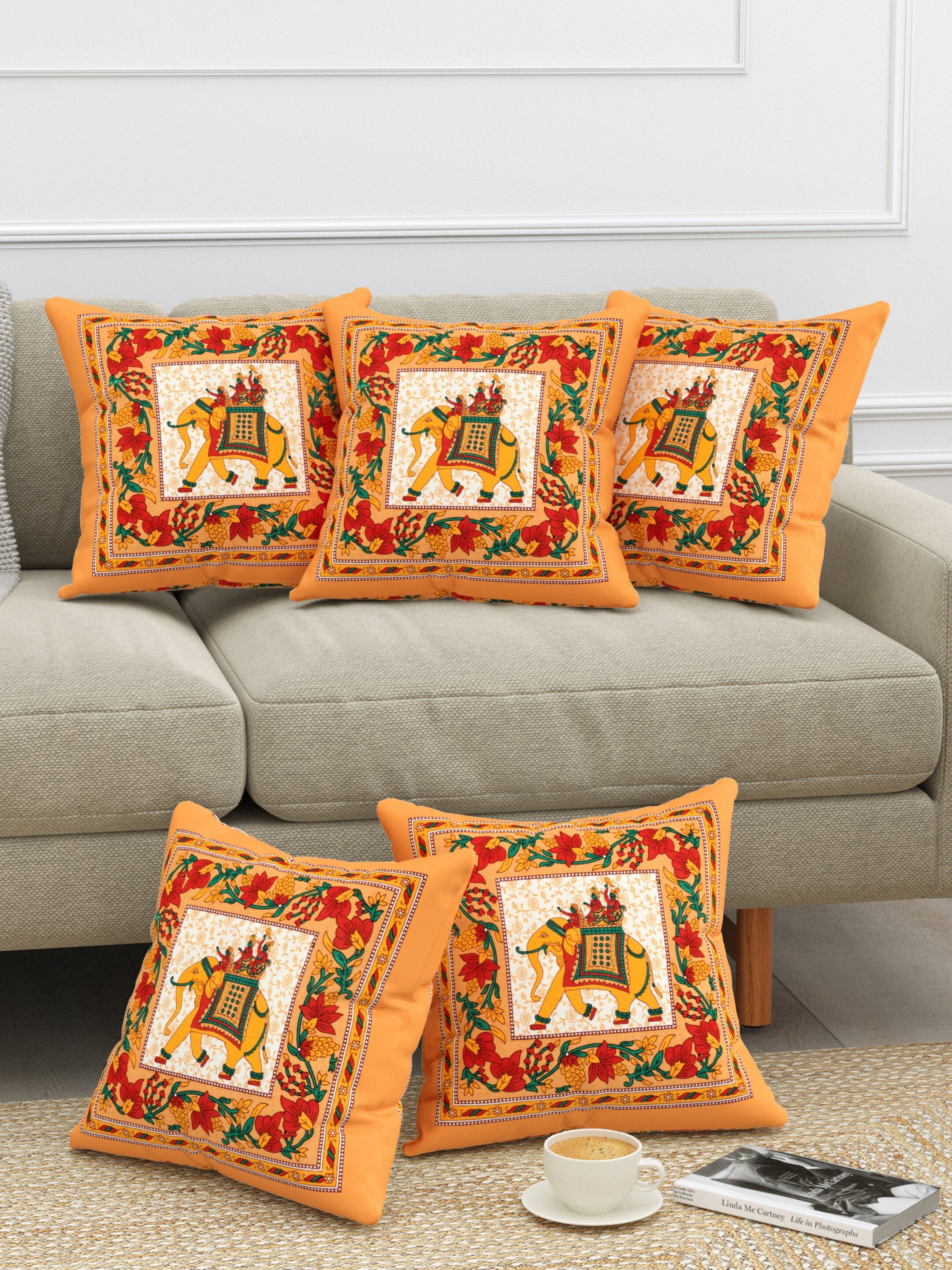 LIVING ROOTS Cotton Block Printed Cushion Covers - 5 Piece Set (Orange) | Traditional Elephant Design | Decorative Sofa & Living Room Cushion Covers | 16x16 Inches (40-042-A)