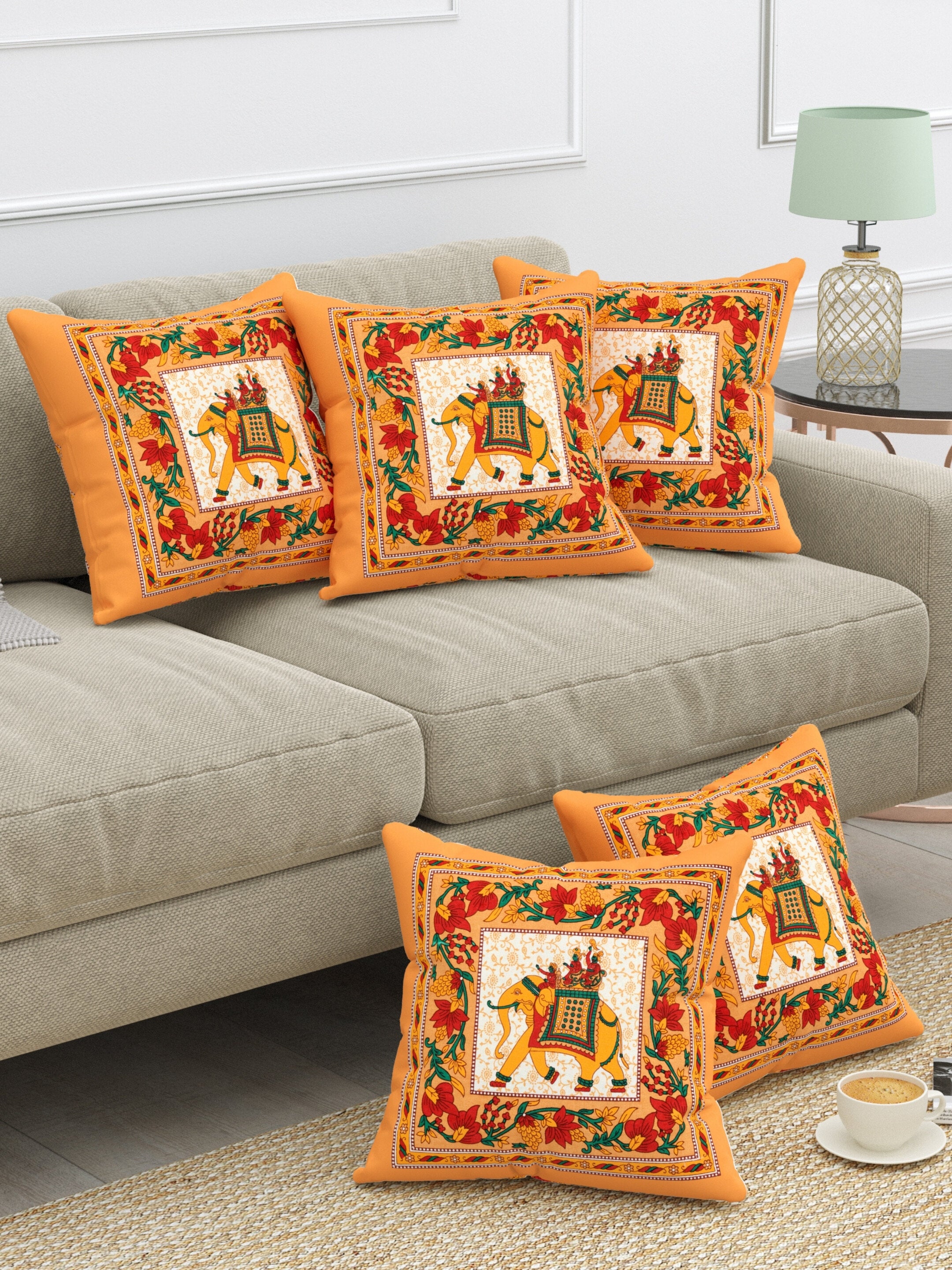 LIVING ROOTS Cotton Block Printed Cushion Covers - 5 Piece Set (Orange) | Traditional Elephant Design | Decorative Sofa & Living Room Cushion Covers | 16x16 Inches (40-042-A)