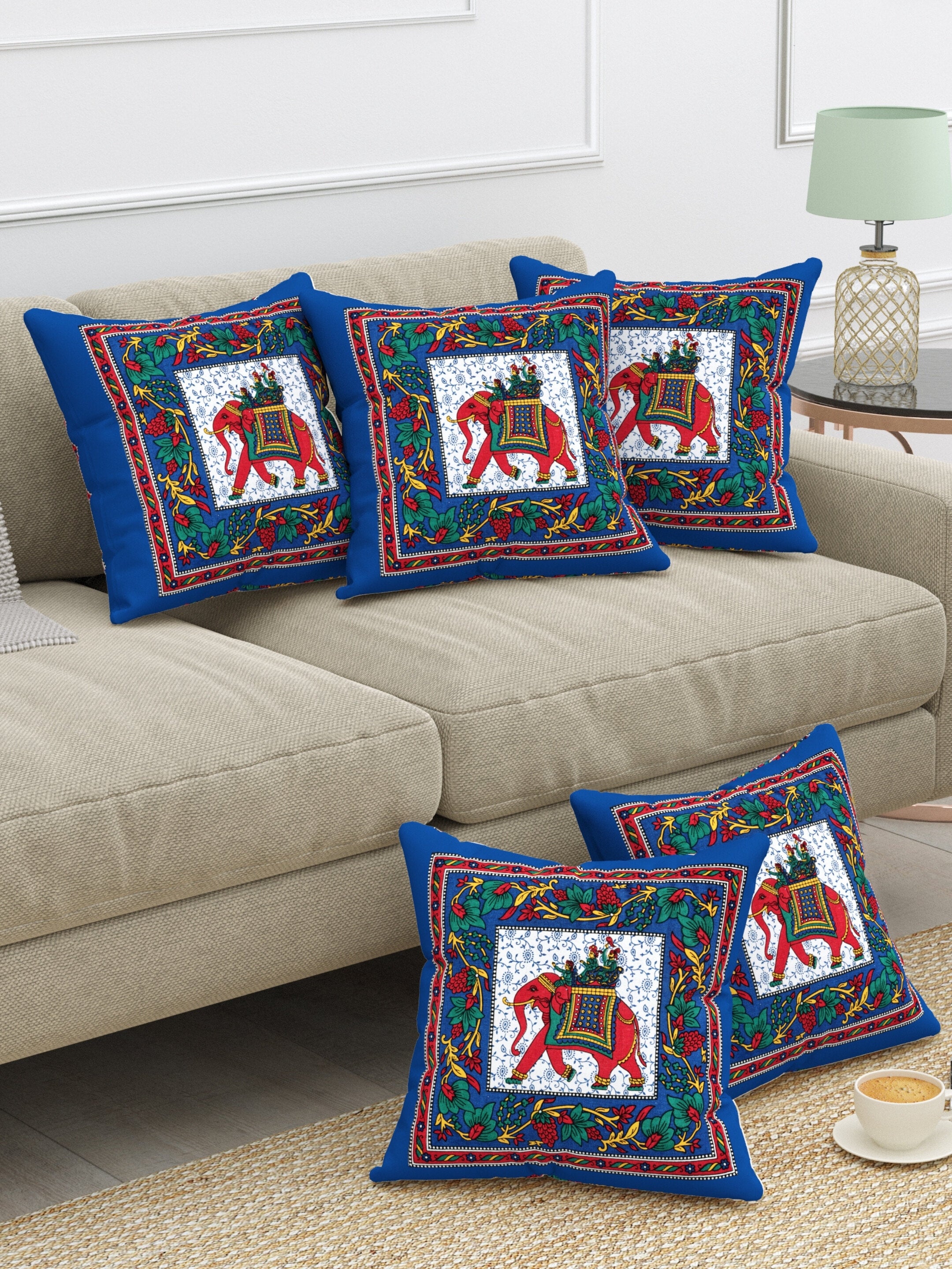LIVING ROOTS Cotton Block Printed Cushion Covers - 5 Piece Set (Blue) | Traditional Elephant Design | Decorative Sofa & Living Room Cushion Covers | 16x16 Inches (40-042-B)