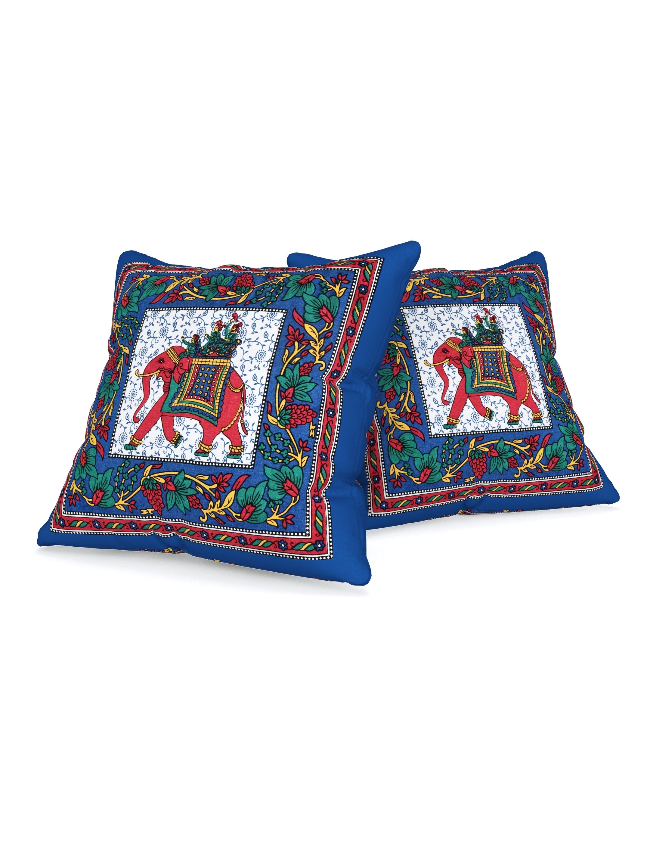LIVING ROOTS Cotton Block Printed Cushion Covers - 5 Piece Set (Blue) | Traditional Elephant Design | Decorative Sofa & Living Room Cushion Covers | 16x16 Inches (40-042-B)