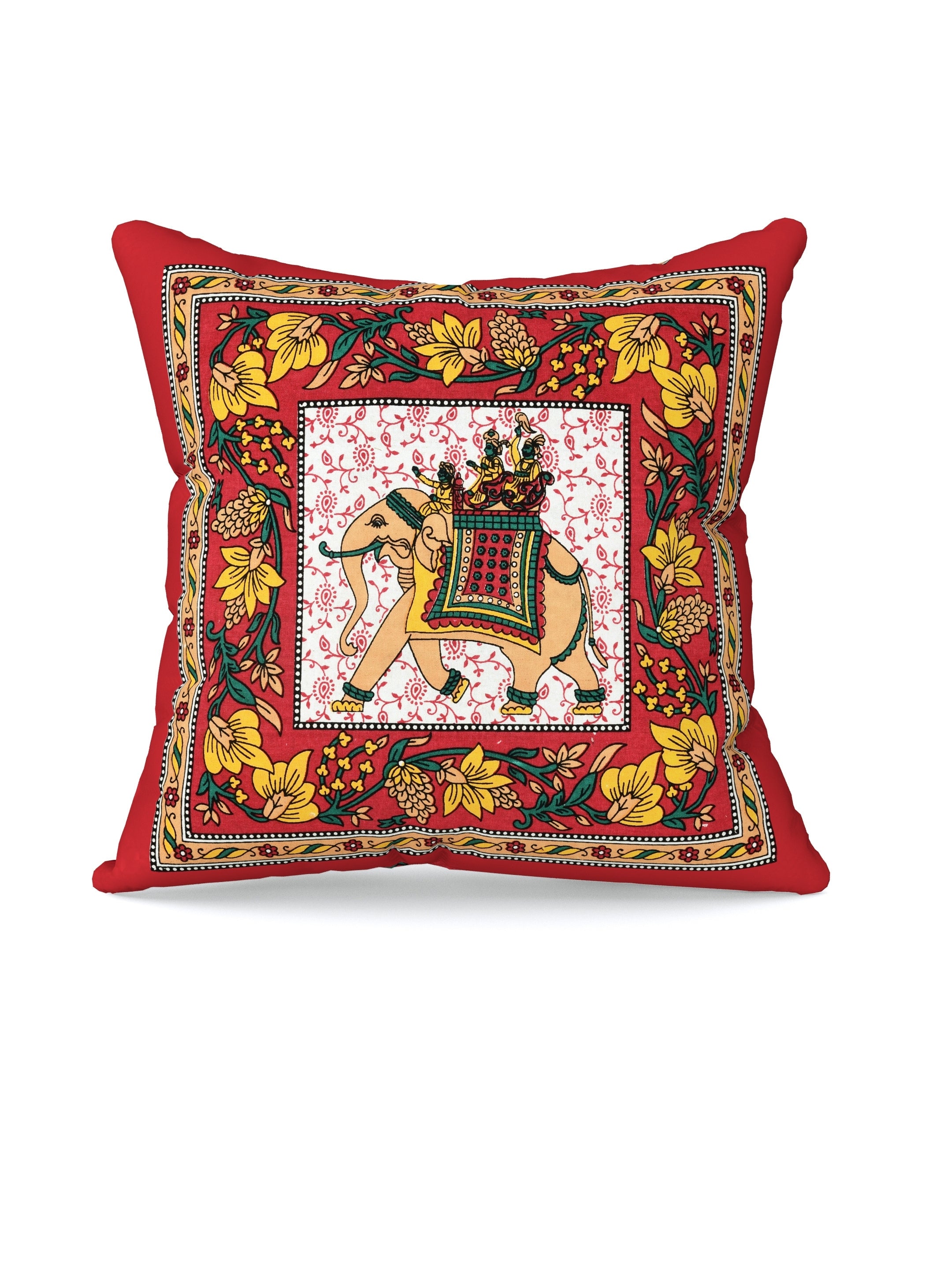 LIVING ROOTS Cotton Block Printed Cushion Covers - 5 Piece Set (Red) | Traditional Elephant Design | Decorative Sofa & Living Room Cushion Covers | 16x16 Inches (40-042-C)