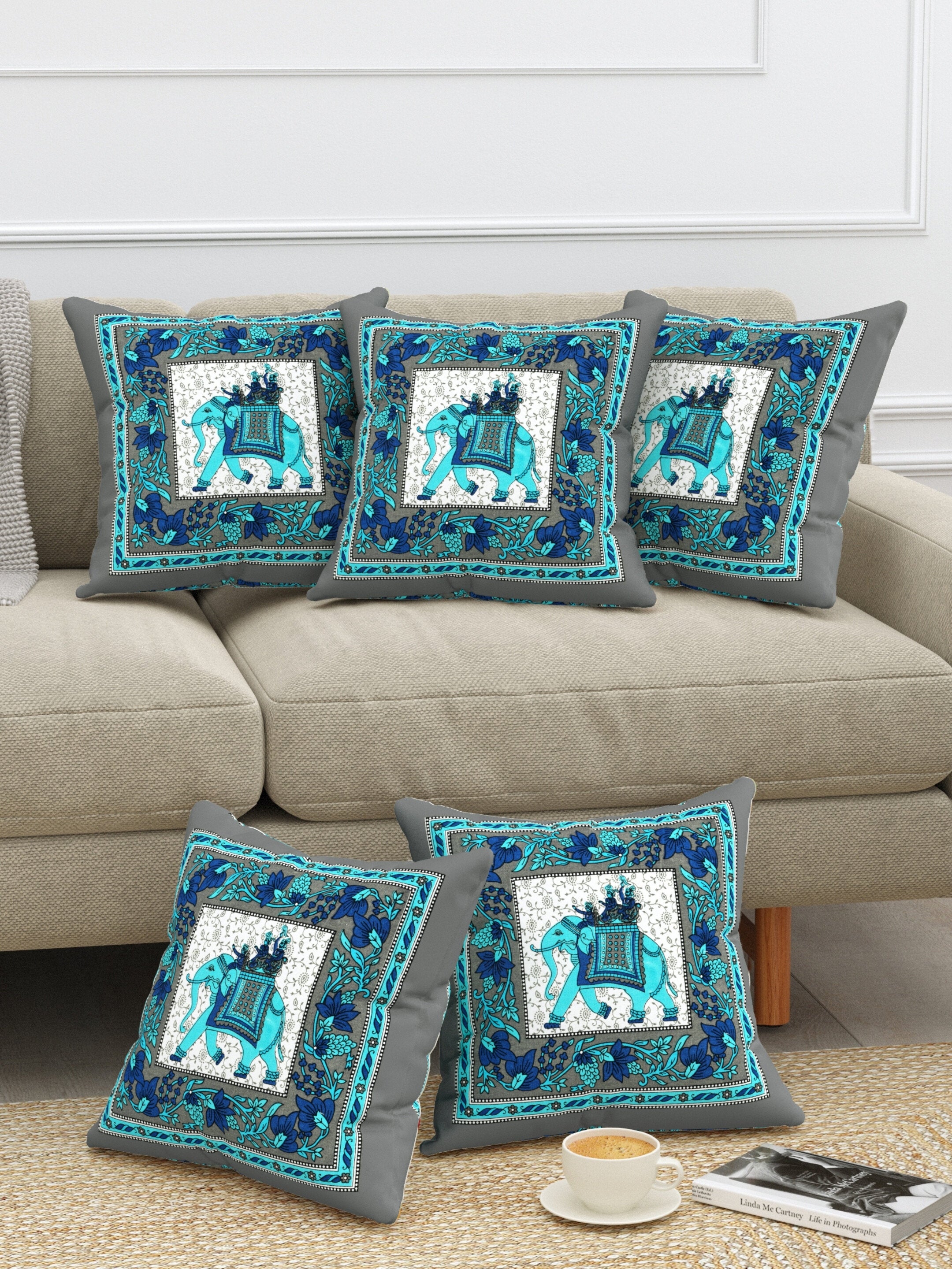 LIVING ROOTS Cotton Block Printed Cushion Covers - 5 Piece Set (Grey & Blue) | Traditional Elephant Design | Decorative Sofa & Living Room Cushion Covers | 16x16 Inches (40-042-D)