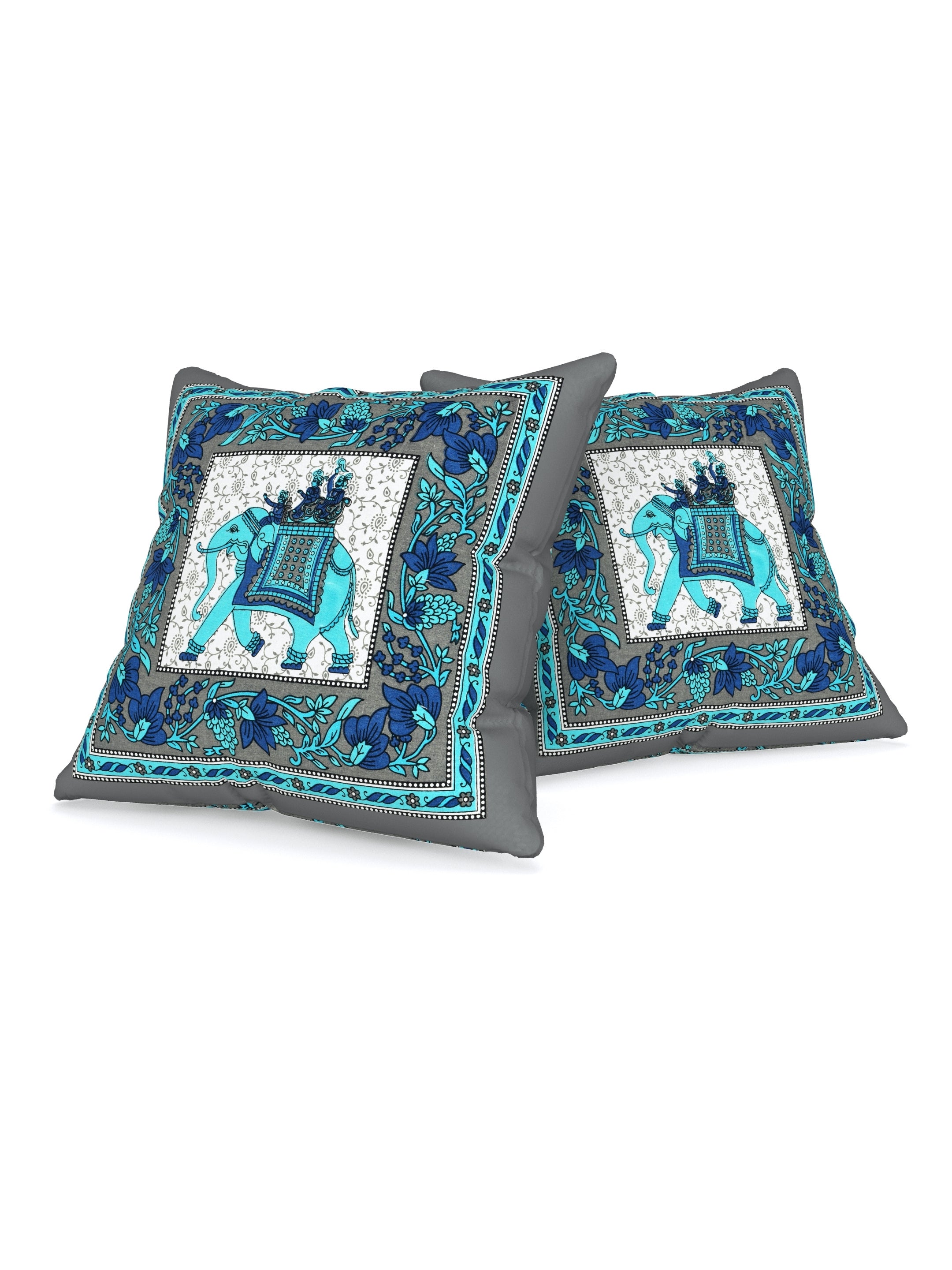 LIVING ROOTS Cotton Block Printed Cushion Covers - 5 Piece Set (Grey & Blue) | Traditional Elephant Design | Decorative Sofa & Living Room Cushion Covers | 16x16 Inches (40-042-D)