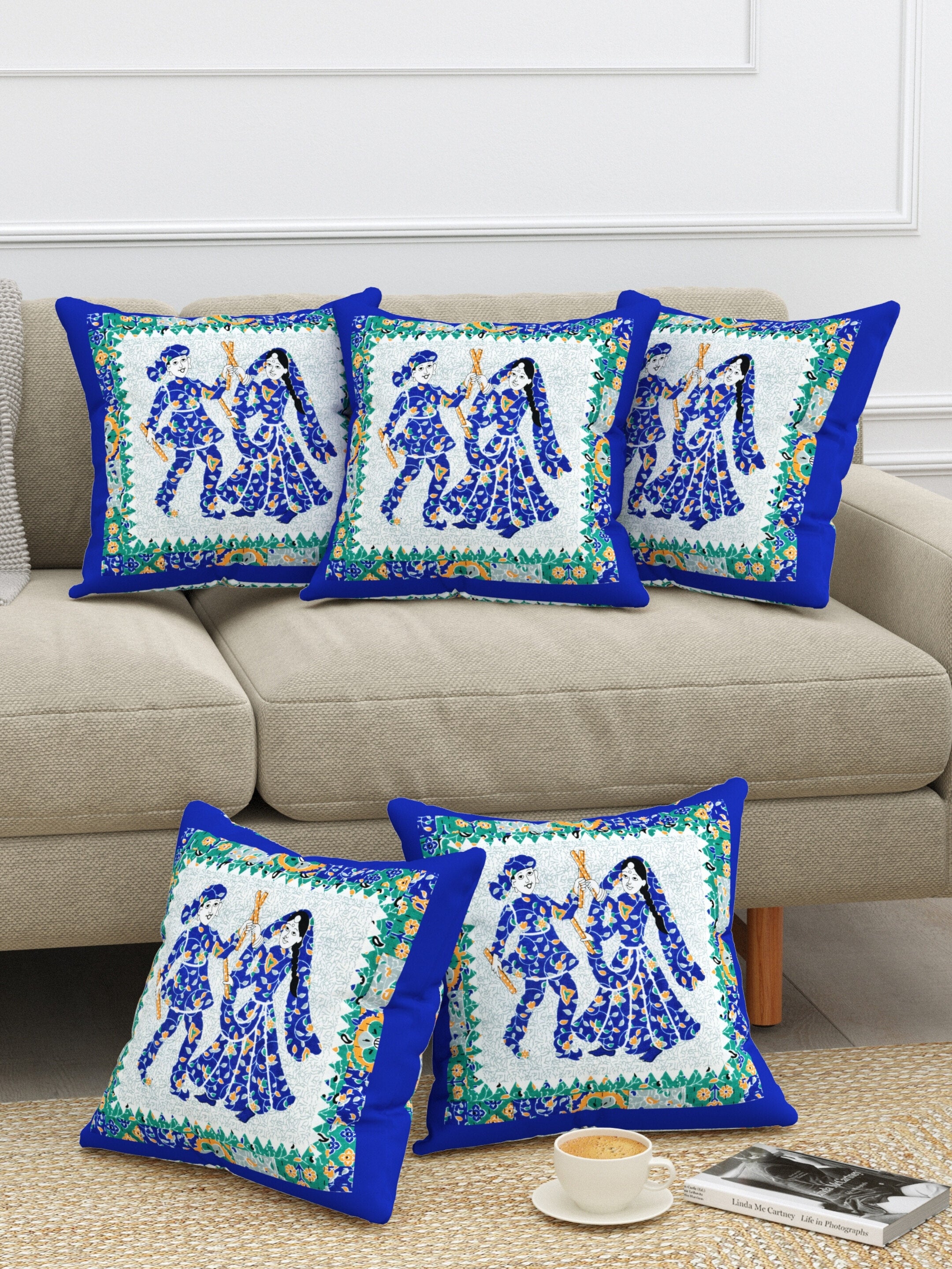 LIVING ROOTS Cotton Block Printed Cushion Cover – 5 Piece (Royal Blue) | Traditional Folk Dance Design | Decorative Sofa & Living Room Cushion Cover | 16x16 Inches (40-043-A)