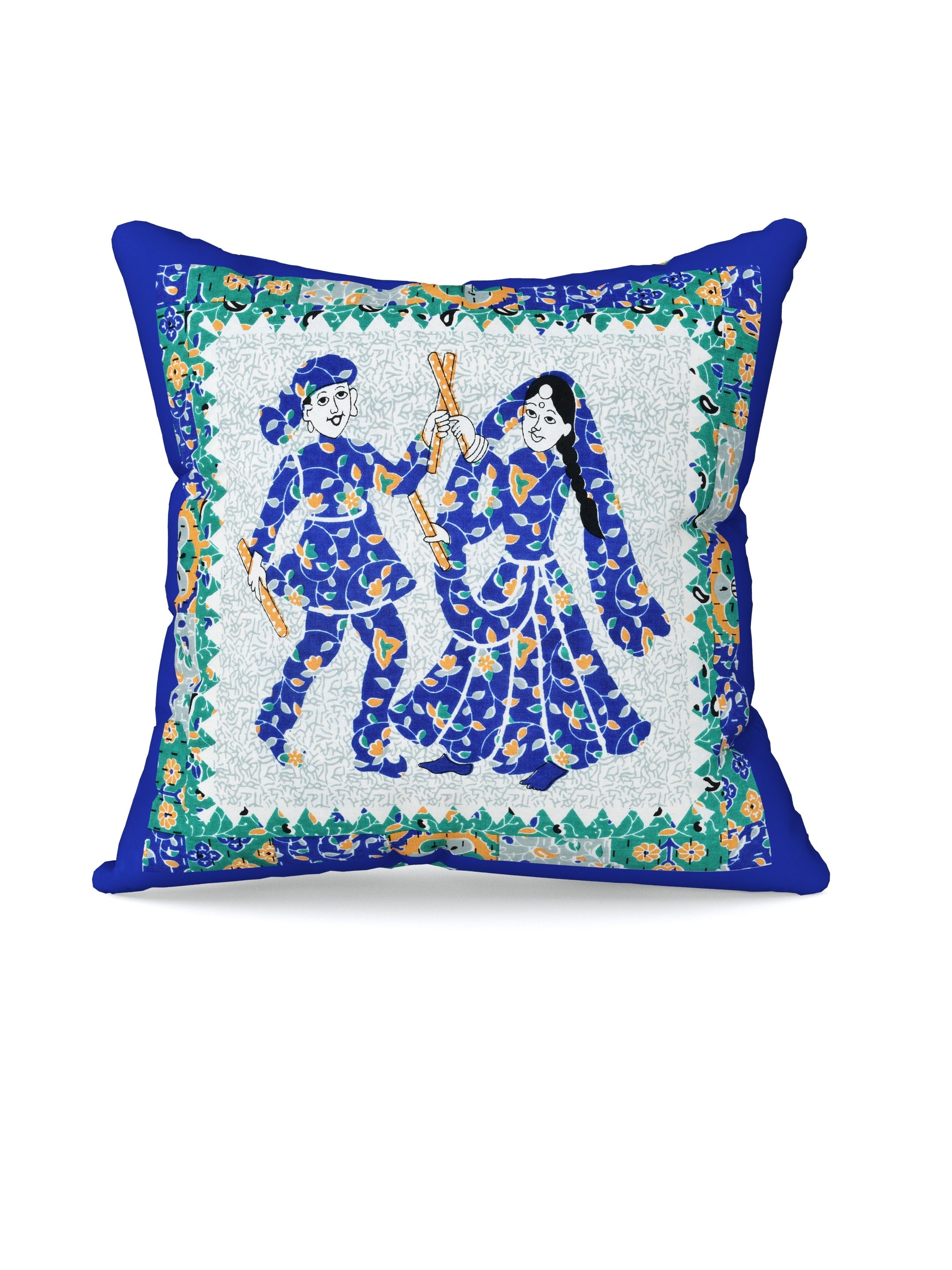 LIVING ROOTS Cotton Block Printed Cushion Cover – 5 Piece (Royal Blue) | Traditional Folk Dance Design | Decorative Sofa & Living Room Cushion Cover | 16x16 Inches (40-043-A)