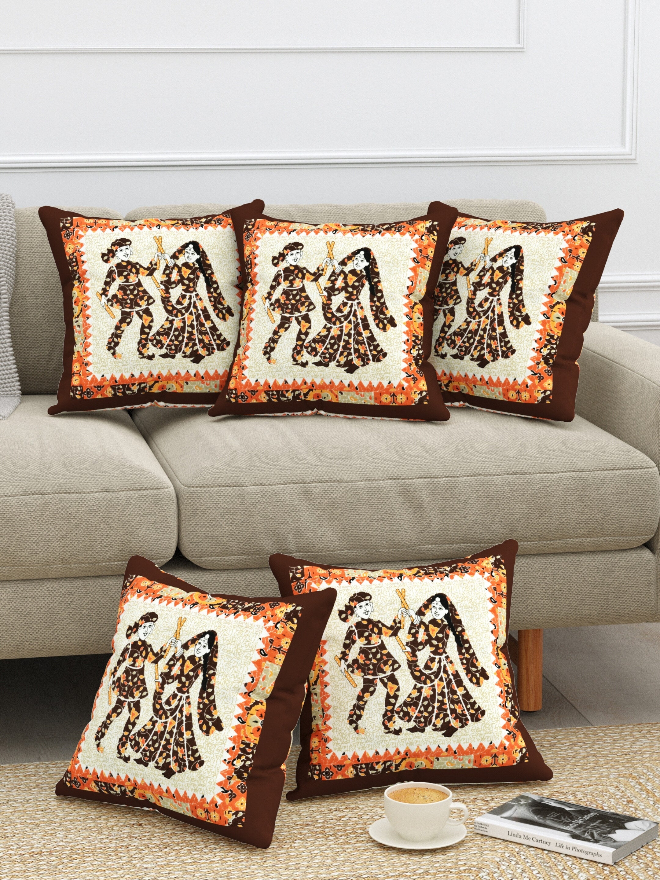 LIVING ROOTS Cotton Block Printed Cushion Cover – 5 Piece (Brown & Orange) | Traditional Folk Dance Design | Decorative Sofa & Living Room Cushion Cover | 16x16 Inches (40-043-B)