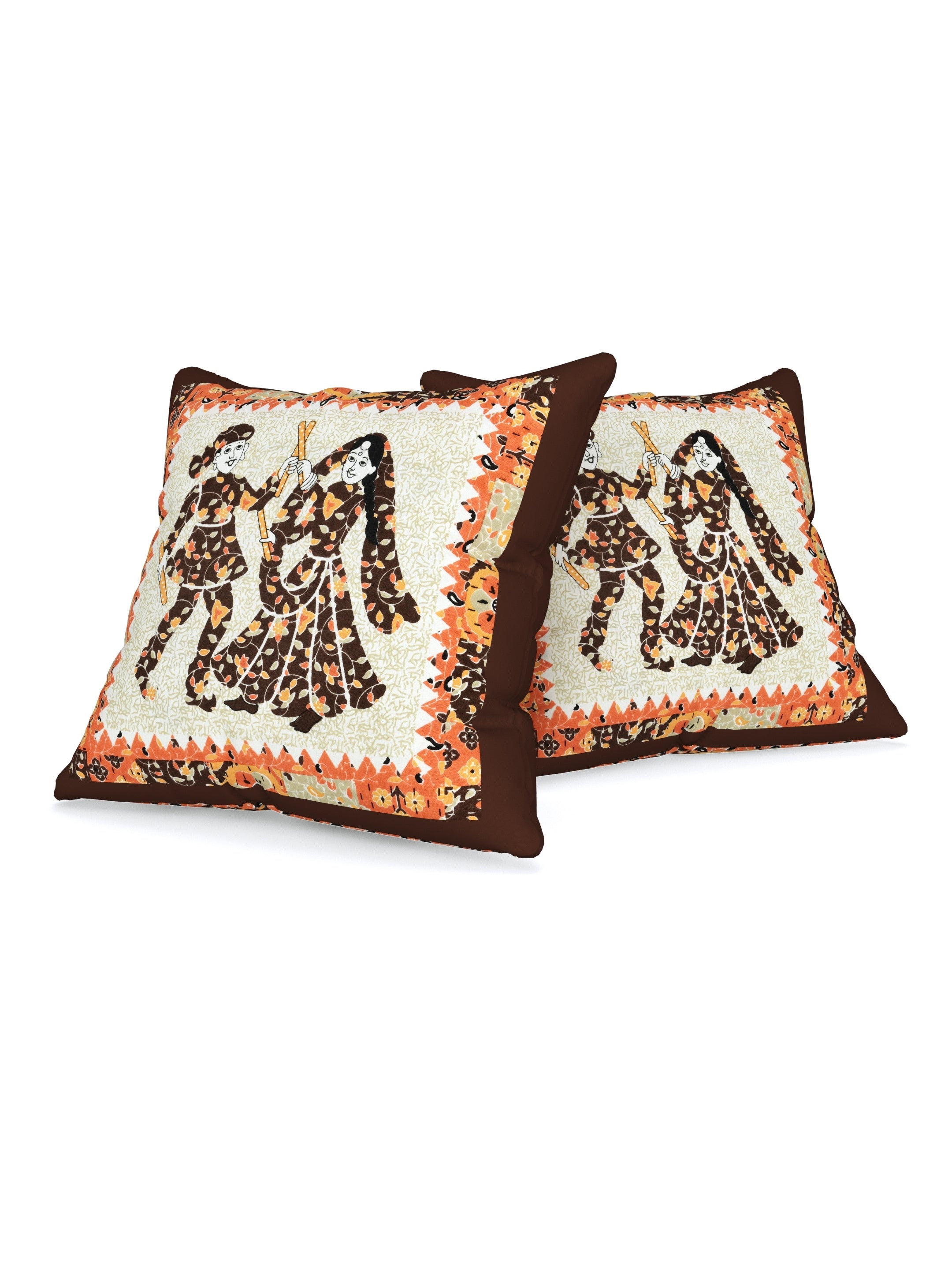 LIVING ROOTS Cotton Block Printed Cushion Cover – 5 Piece (Brown & Orange) | Traditional Folk Dance Design | Decorative Sofa & Living Room Cushion Cover | 16x16 Inches (40-043-B)