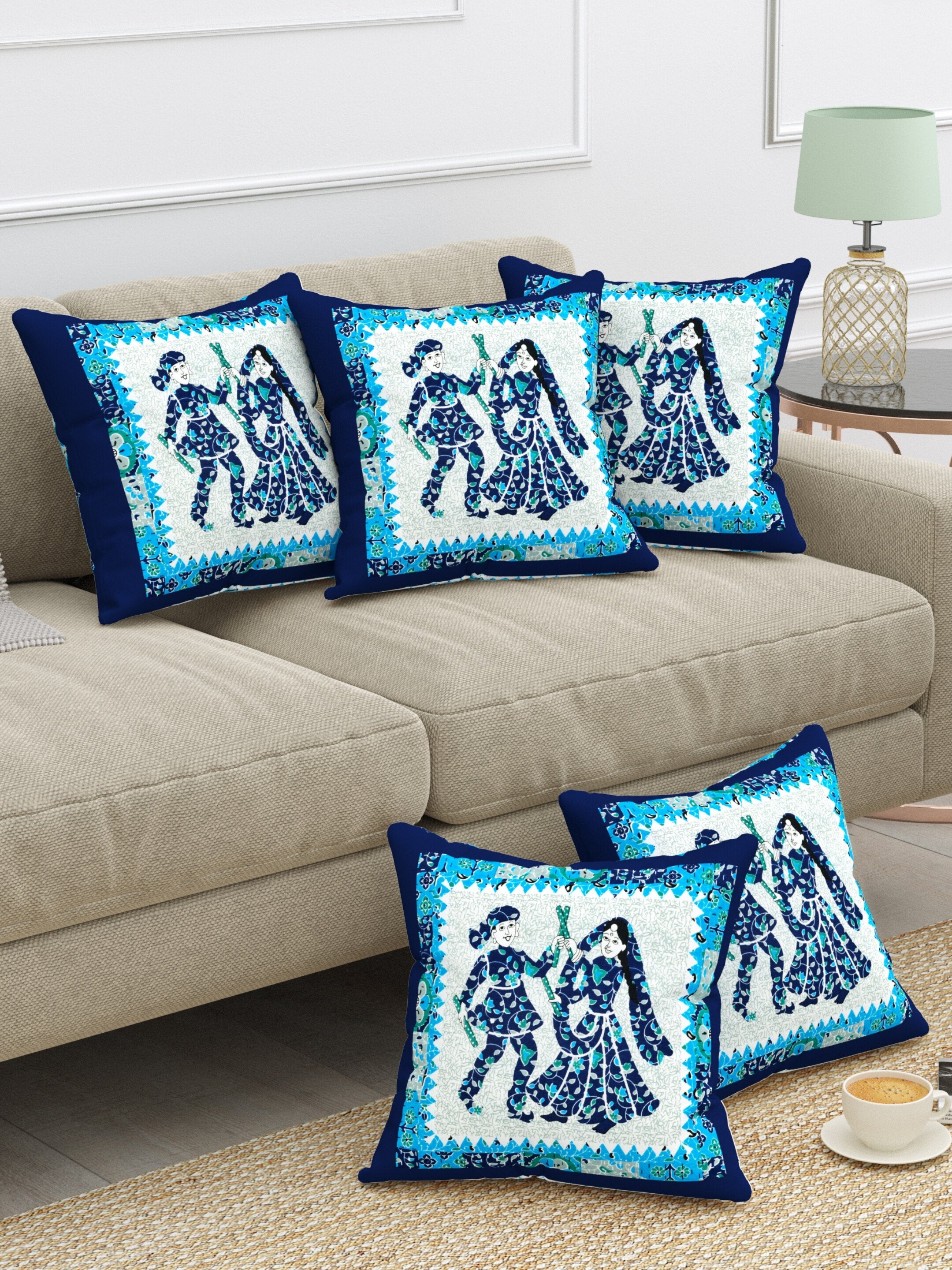 LIVING ROOTS Cotton Block Printed Cushion Cover – 5 Piece (Blue) | Traditional Folk Dance Design | Decorative Sofa & Living Room Cushion Cover | 16x16 Inches (40-043-D)