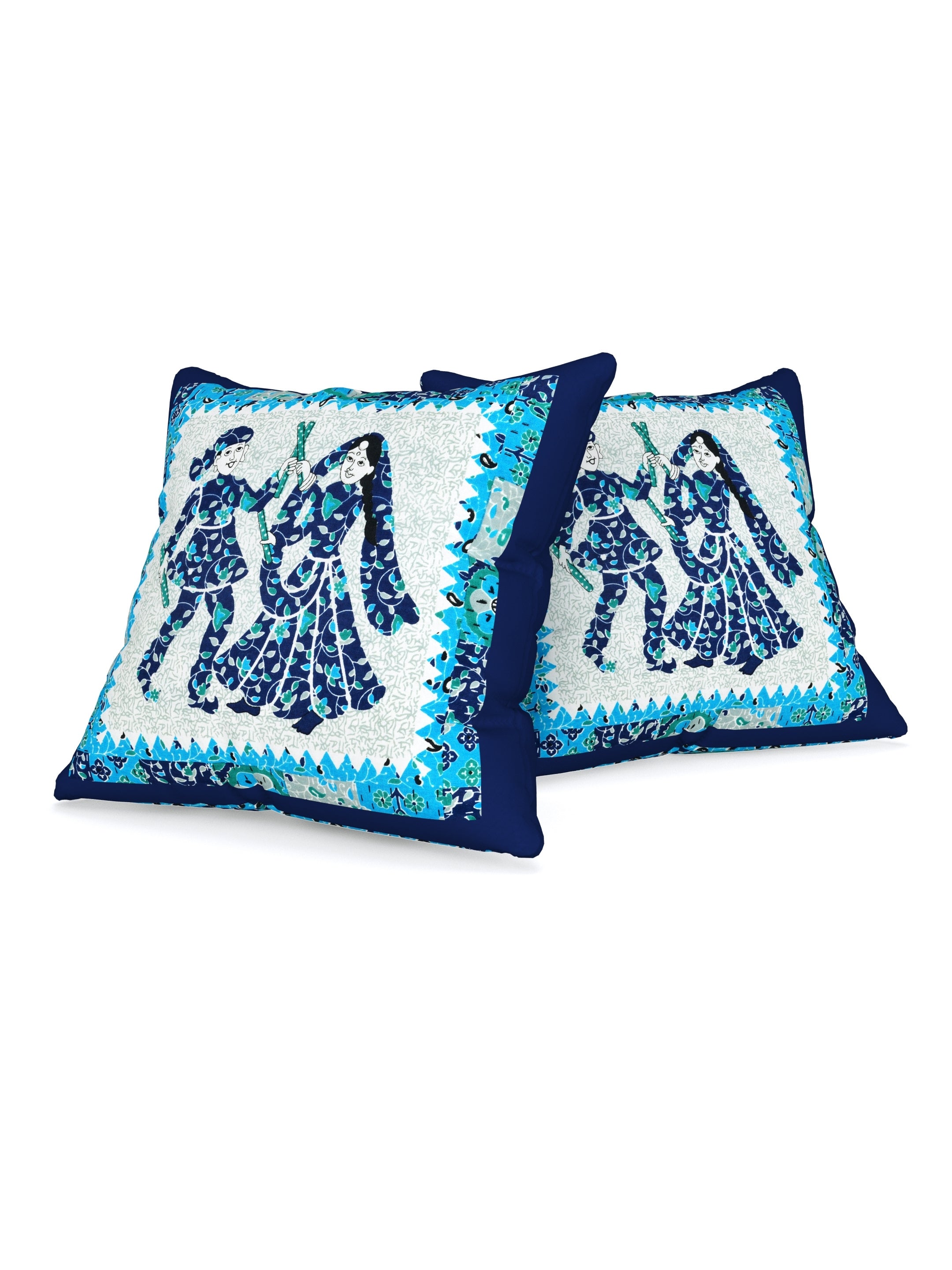 LIVING ROOTS Cotton Block Printed Cushion Cover – 5 Piece (Blue) | Traditional Folk Dance Design | Decorative Sofa & Living Room Cushion Cover | 16x16 Inches (40-043-D)
