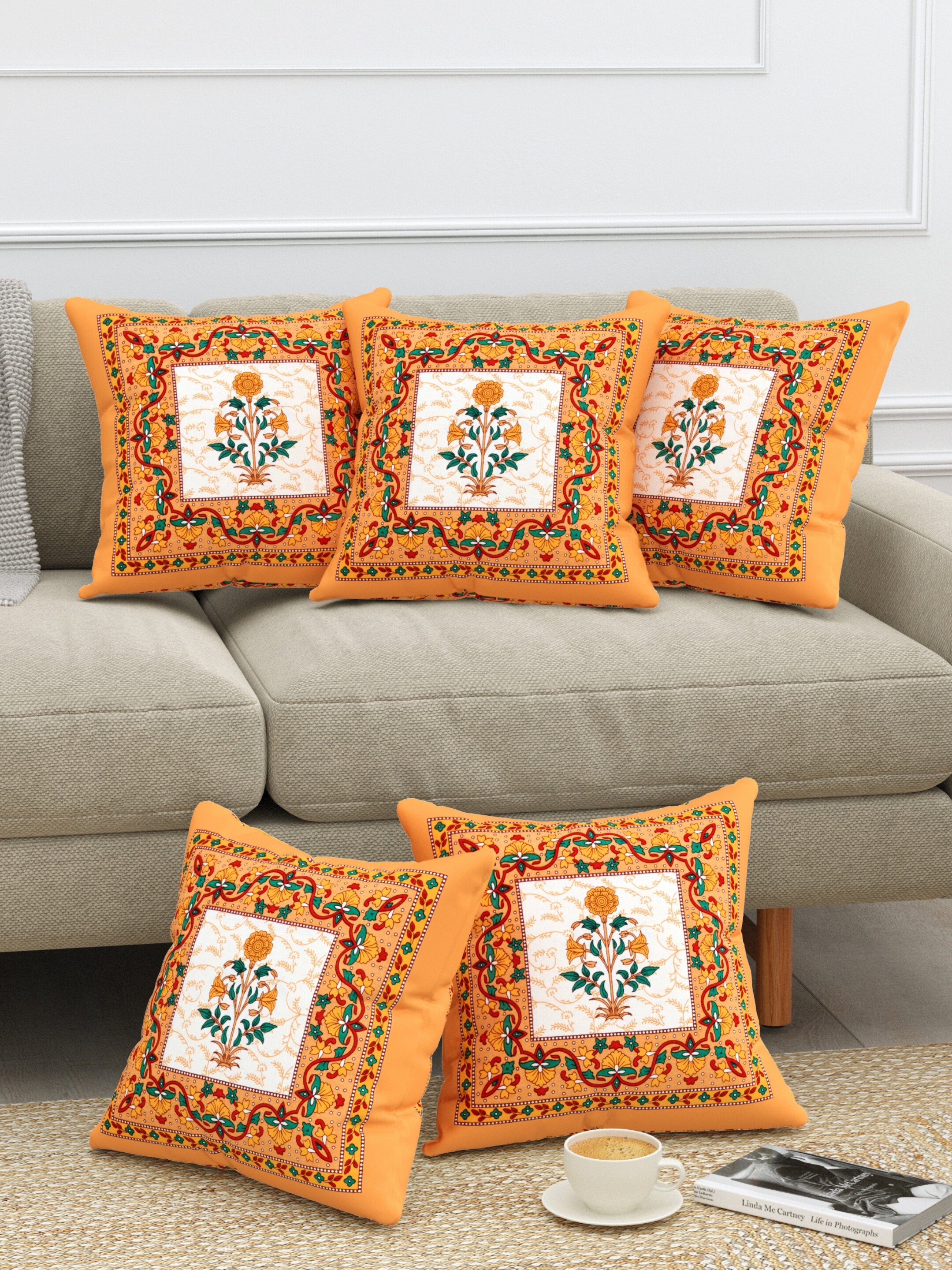 LIVING ROOTS Cotton Block Printed Cushion Covers – 5 Piece Set (Orange) | Traditional Floral Motif Design | Decorative Sofa & Living Room Cushion Covers | 16x16 Inches (40-044-A)
