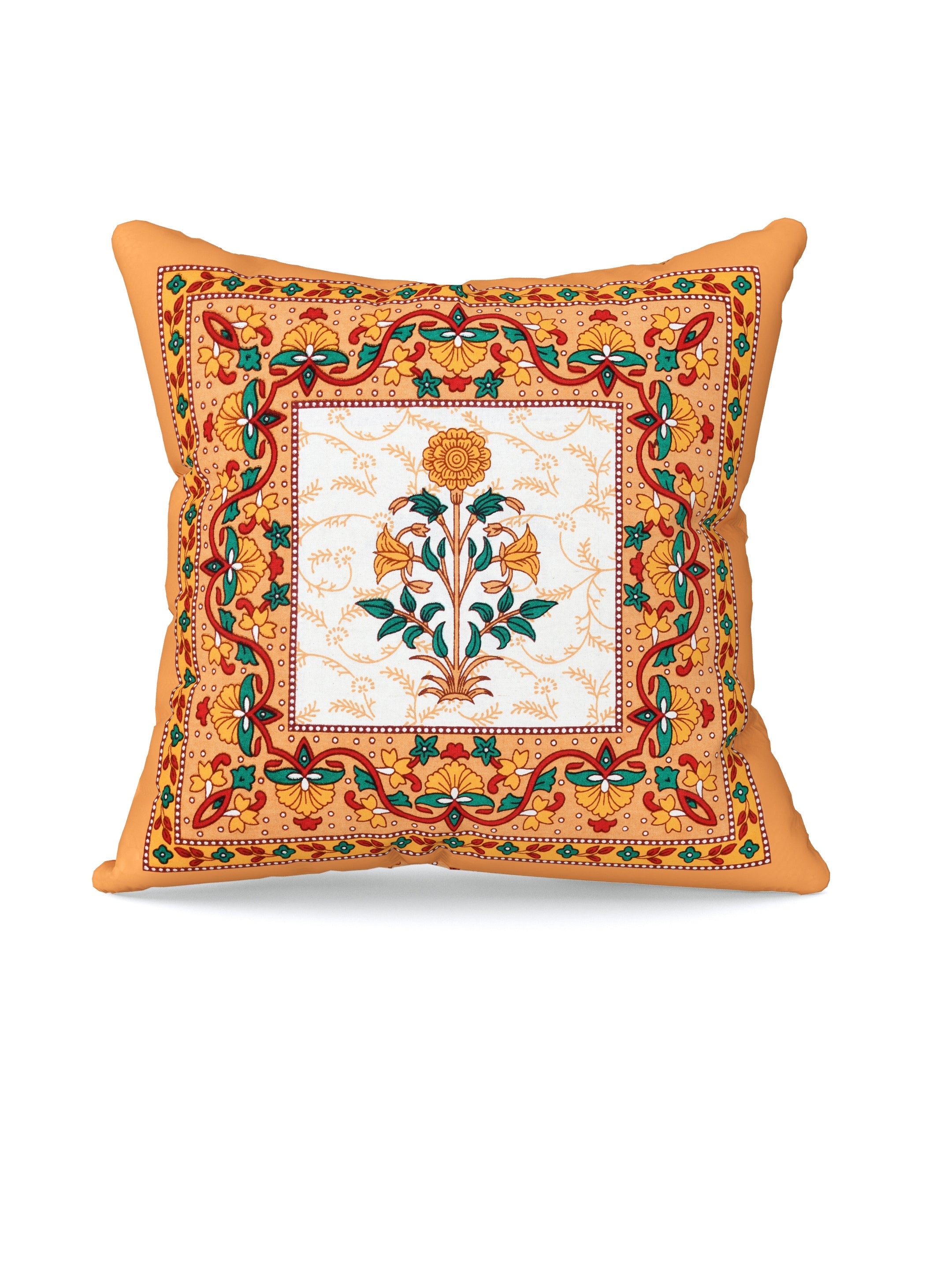 LIVING ROOTS Cotton Block Printed Cushion Covers – 5 Piece Set (Orange) | Traditional Floral Motif Design | Decorative Sofa & Living Room Cushion Covers | 16x16 Inches (40-044-A)