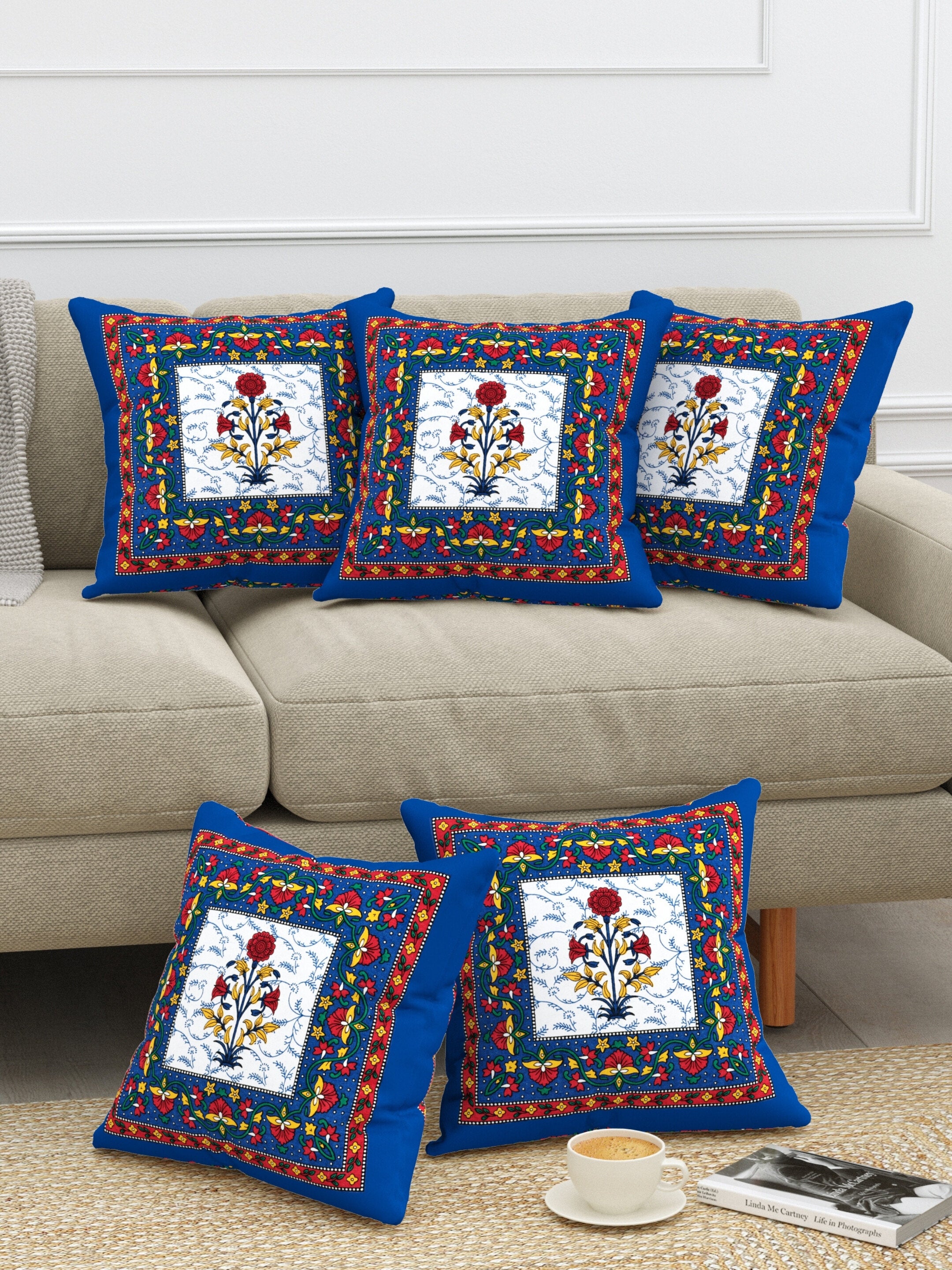 LIVING ROOTS Cotton Block Printed Cushion Covers – 5 Piece Set (Blue) | Traditional Floral Motif Design | Decorative Sofa & Living Room Cushion Covers | 16x16 Inches (40-044-B)