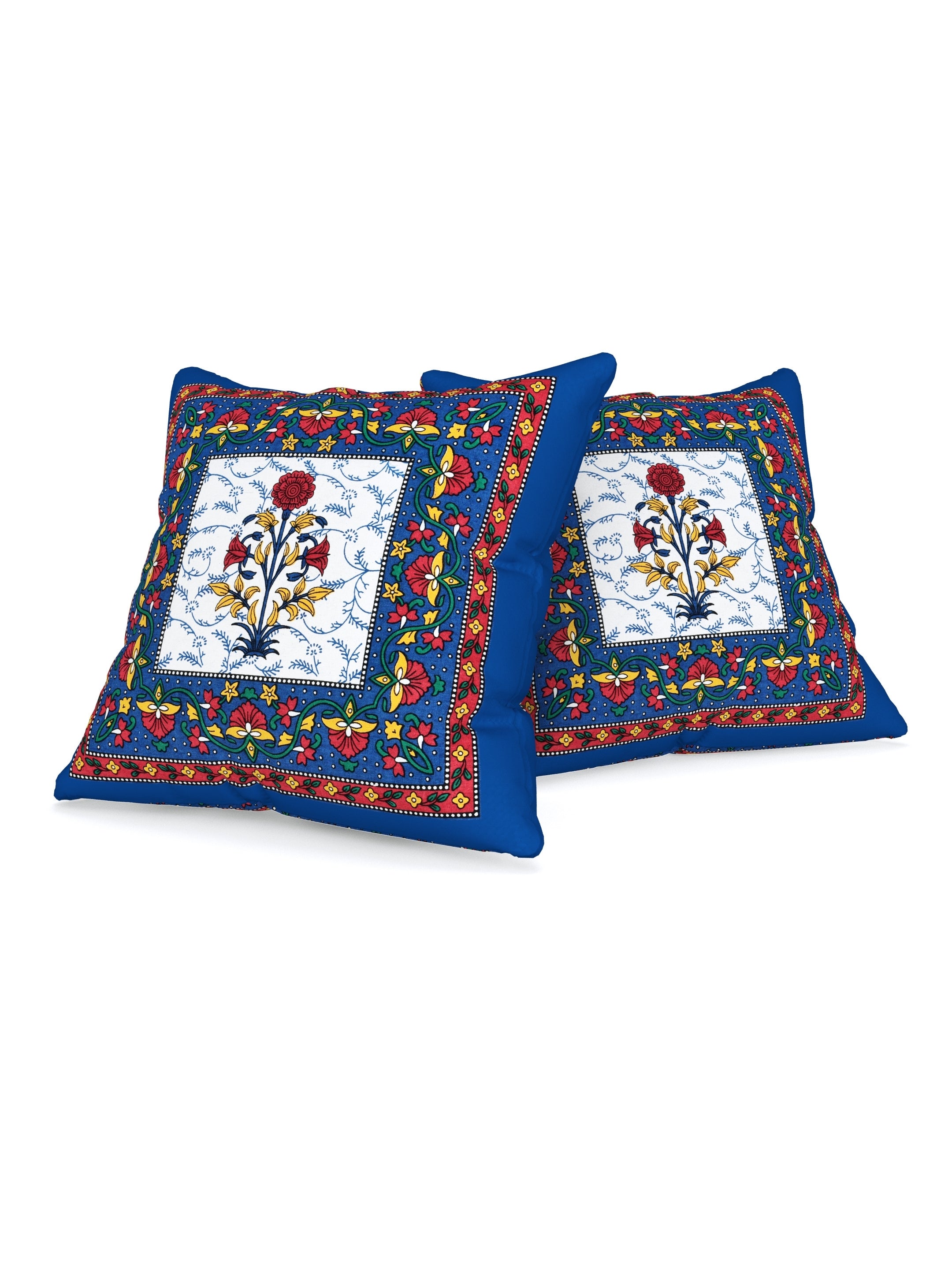 LIVING ROOTS Cotton Block Printed Cushion Covers – 5 Piece Set (Blue) | Traditional Floral Motif Design | Decorative Sofa & Living Room Cushion Covers | 16x16 Inches (40-044-B)