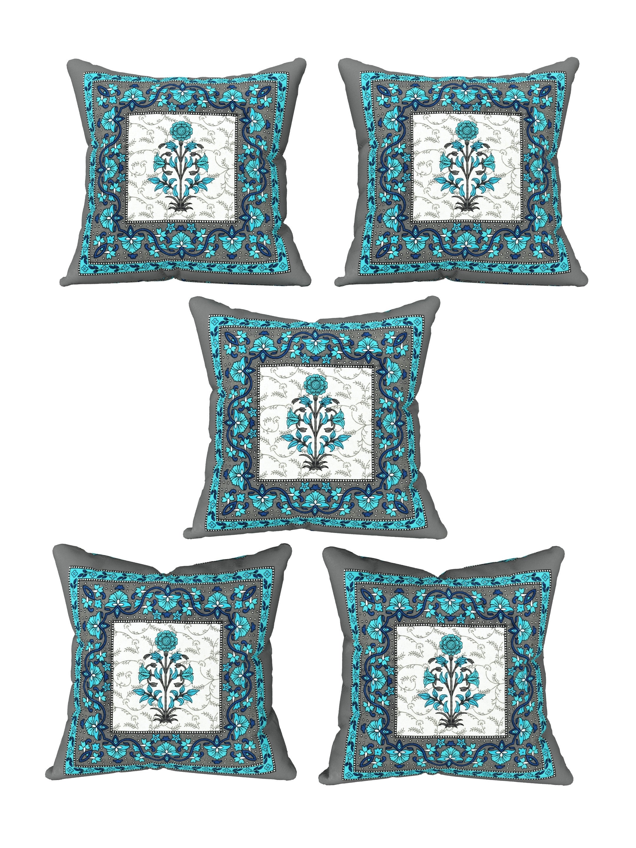 LIVING ROOTS Cotton Block Printed Cushion Covers – 5 Piece Set (Green) | Traditional Floral Motif Design | Decorative Sofa & Living Room Cushion Covers | 16x16 Inches (40-044-D)