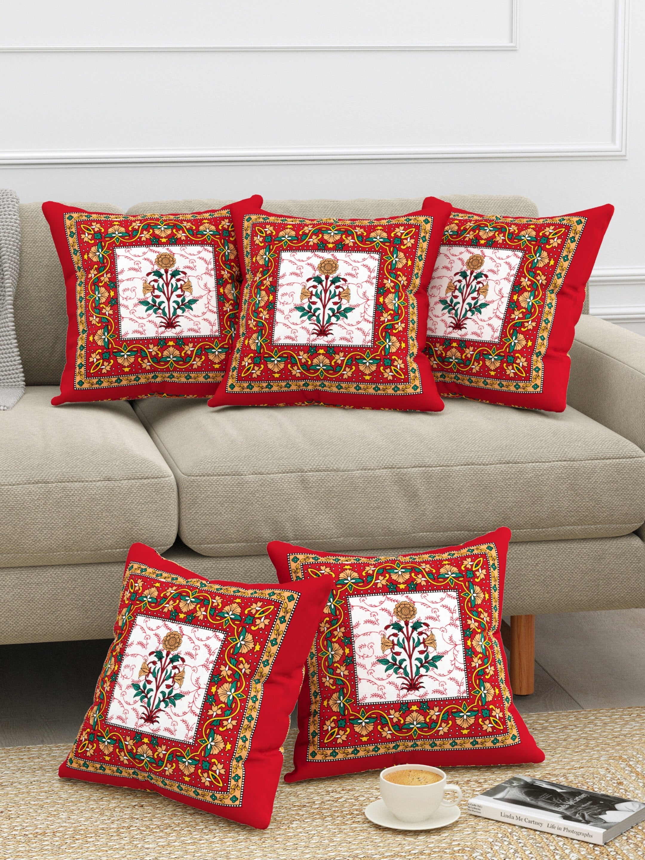 LIVING ROOTS Cotton Block Printed Cushion Covers – 5 Piece Set (Red) | Traditional Floral Motif Design | Decorative Sofa & Living Room Cushion Covers | 16x16 Inches (40-044-C)