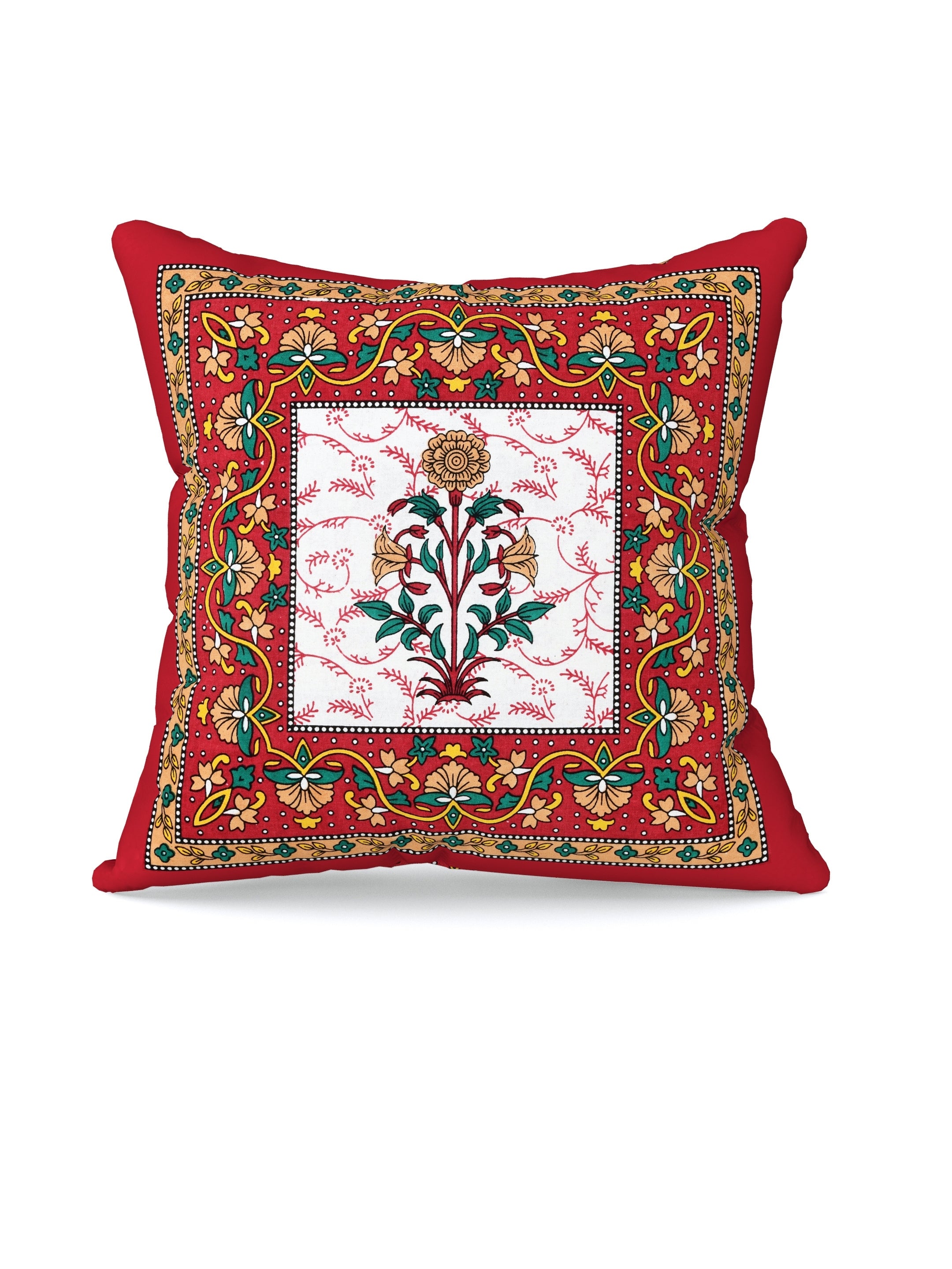 LIVING ROOTS Cotton Block Printed Cushion Covers – 5 Piece Set (Red) | Traditional Floral Motif Design | Decorative Sofa & Living Room Cushion Covers | 16x16 Inches (40-044-C)