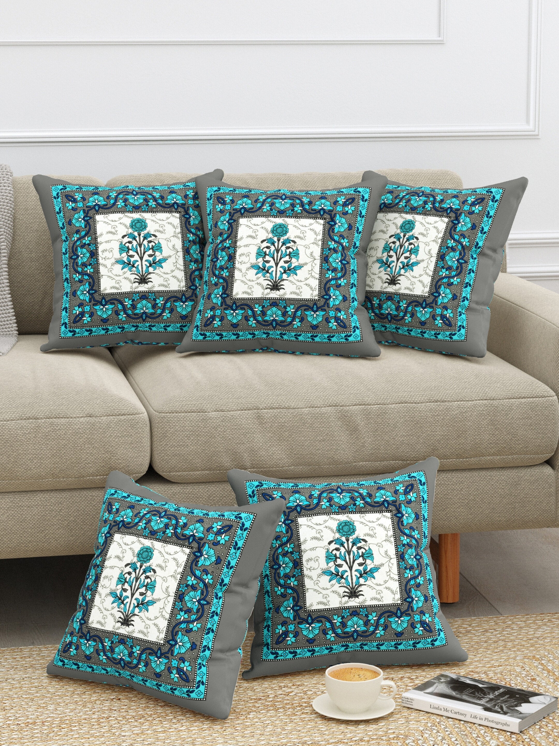 LIVING ROOTS Cotton Block Printed Cushion Covers – 5 Piece Set (Green) | Traditional Floral Motif Design | Decorative Sofa & Living Room Cushion Covers | 16x16 Inches (40-044-D)