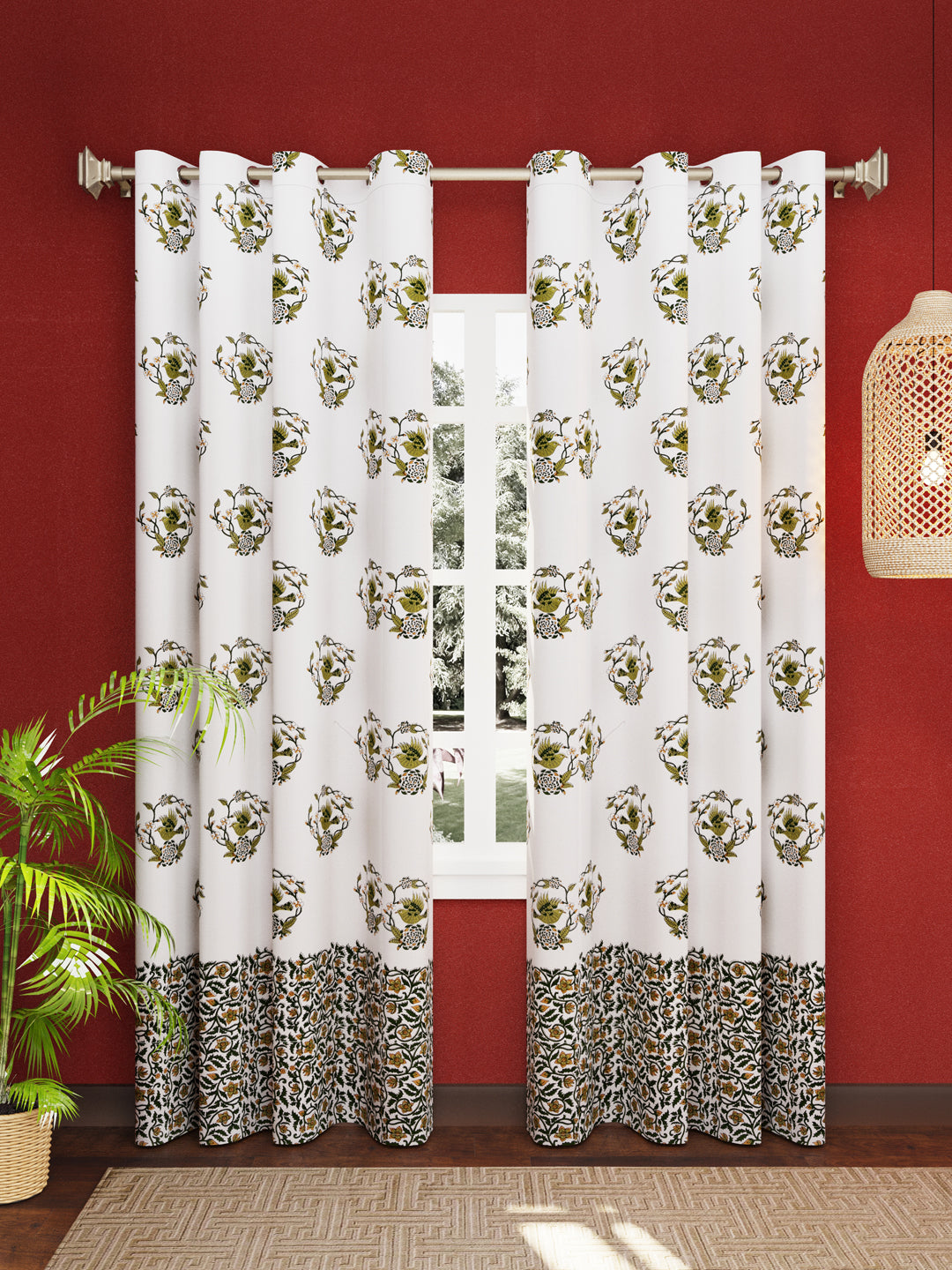 LIVING ROOTS Cotton Block Print 7 Feet Door Curtains-Set of 2 (51-001-A-2PC)
