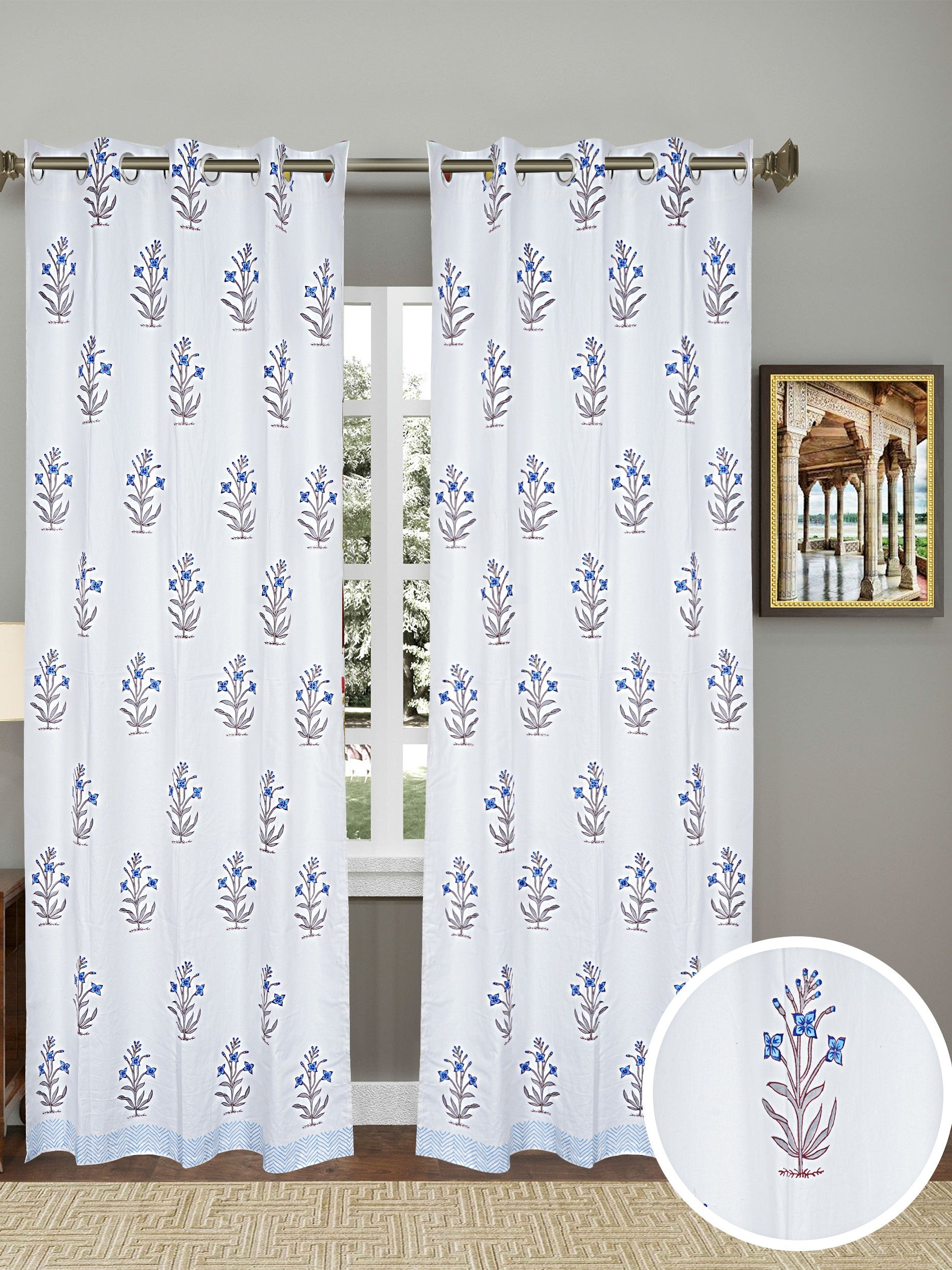 LIVING ROOTS Cotton Flower Print 7 Feet Door Curtains-Set of 2 (51-006-A-2PC)