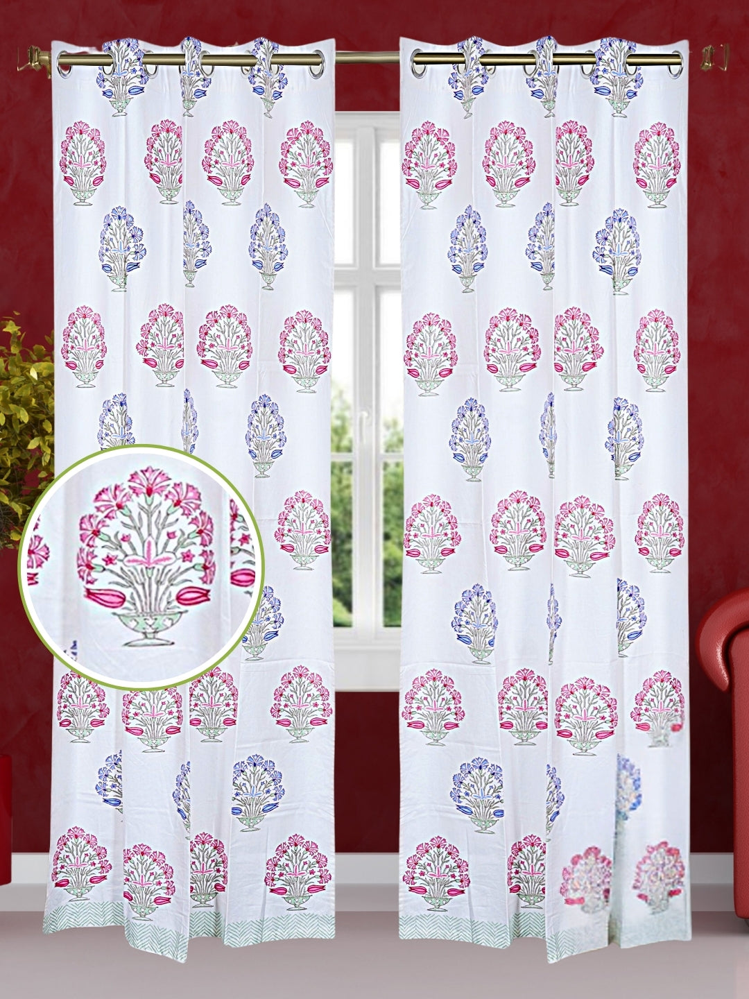 LIVING ROOTS Cotton Flower Print 7 Feet Door Curtains-Set of 2 (51-007-A-2PC)
