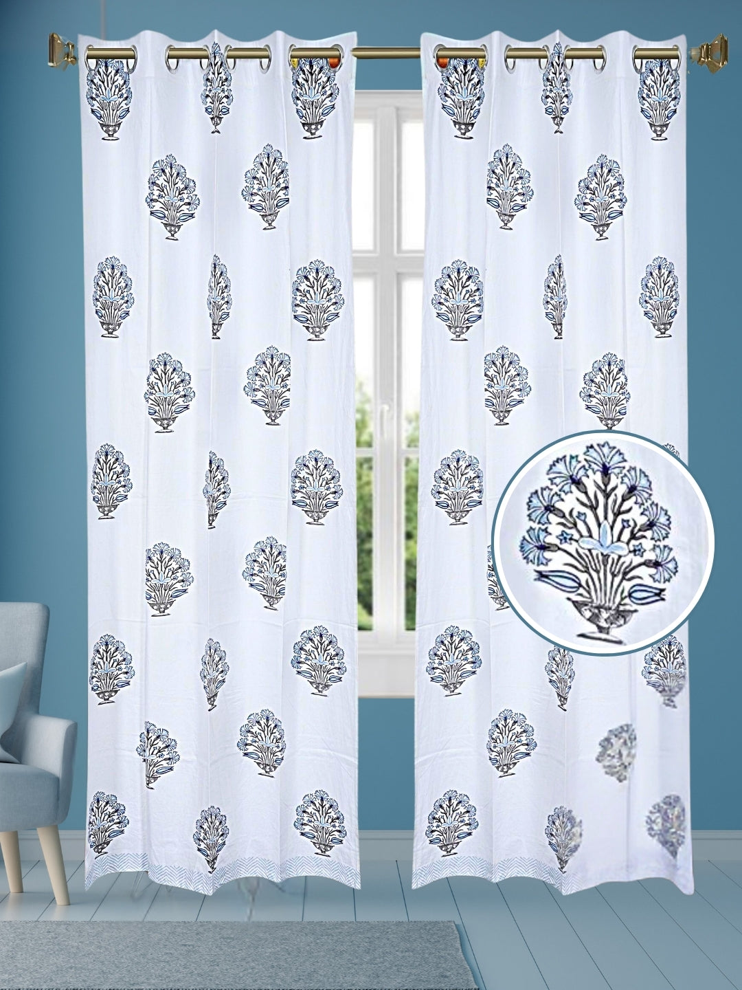LIVING ROOTS Cotton Flower Print 7 Feet Door Curtains-Set of 2 (51-007-B-2PC)