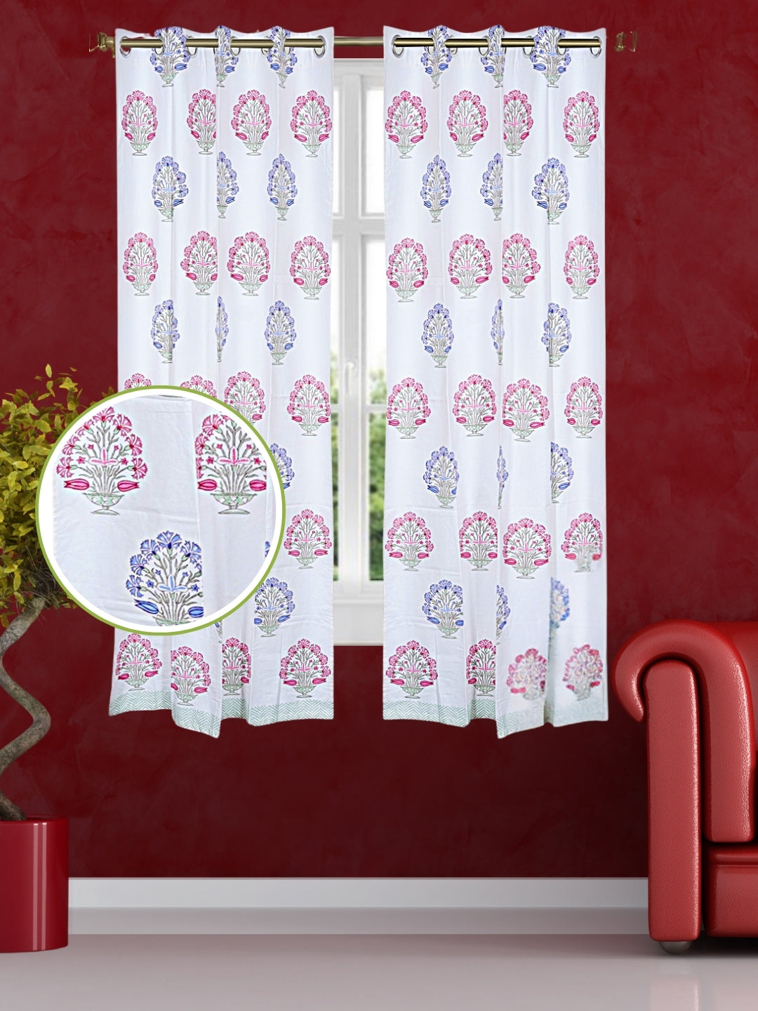 LIVING ROOTS Cotton Block Print 58.8 x 45 Inch Window Curtains-Set of 2 (52-002-A-2PC)