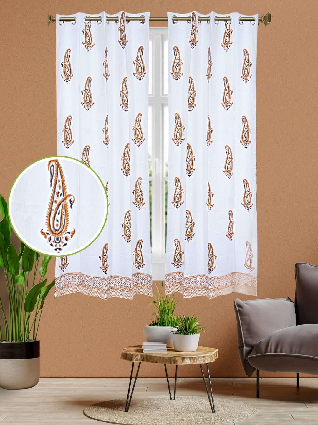 LIVING ROOTS Cotton Block Print 58.8 x 45 Inch Window Curtains-Set of 2 (52-008-A-2PC)