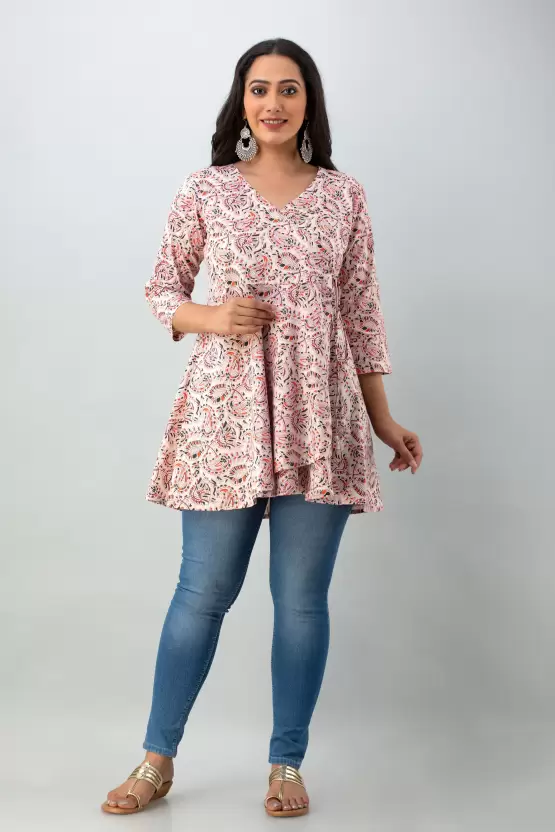 LIVING ROOTS Pure Cotton Ethenic Casual Short Staright Kurti for Girls/Women 3/4 Sleeve (6041)