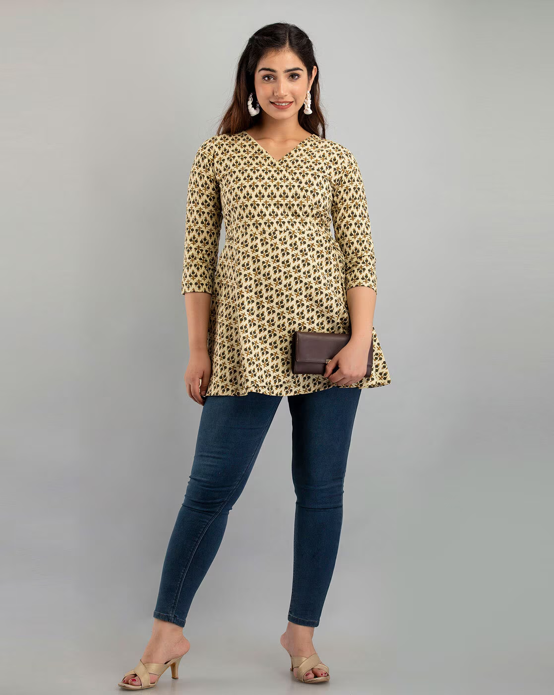 LIVING ROOTS Pure Cotton Ethenic Casual Short Staright Kurti for Girls/Women 3/4 Sleeve (6049)