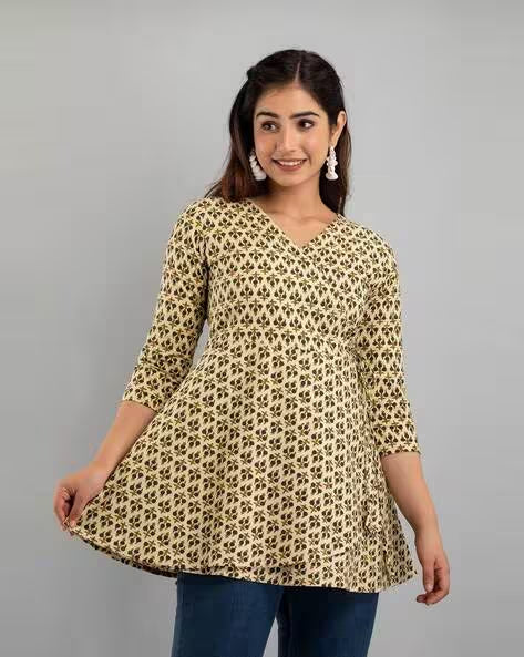 LIVING ROOTS Pure Cotton Ethenic Casual Short Staright Kurti for Girls/Women 3/4 Sleeve (6049)