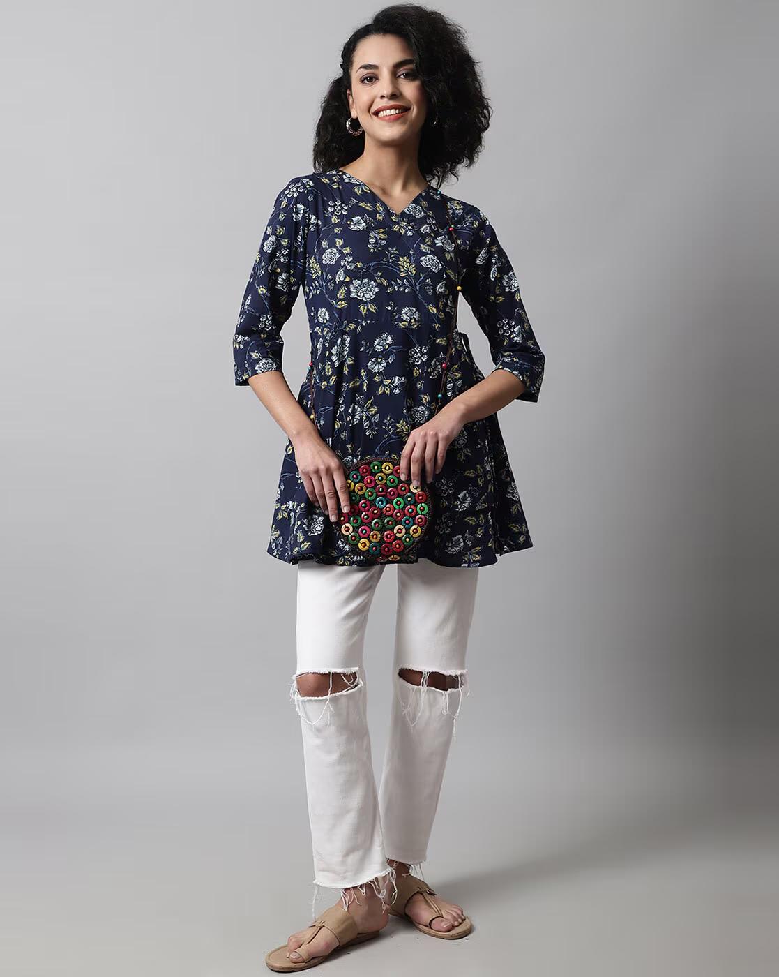 LIVING ROOTS Pure Cotton Ethenic Casual Short Staright Kurti for Girls/Women 3/4 Sleeve (6053)