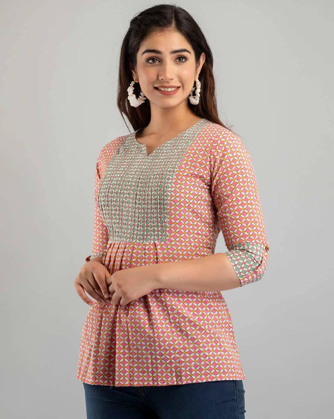 LIVING ROOTS Pure Cotton Ethenic Casual Short Staright Kurti for Girls/Women 3/4 Sleeve (6055)