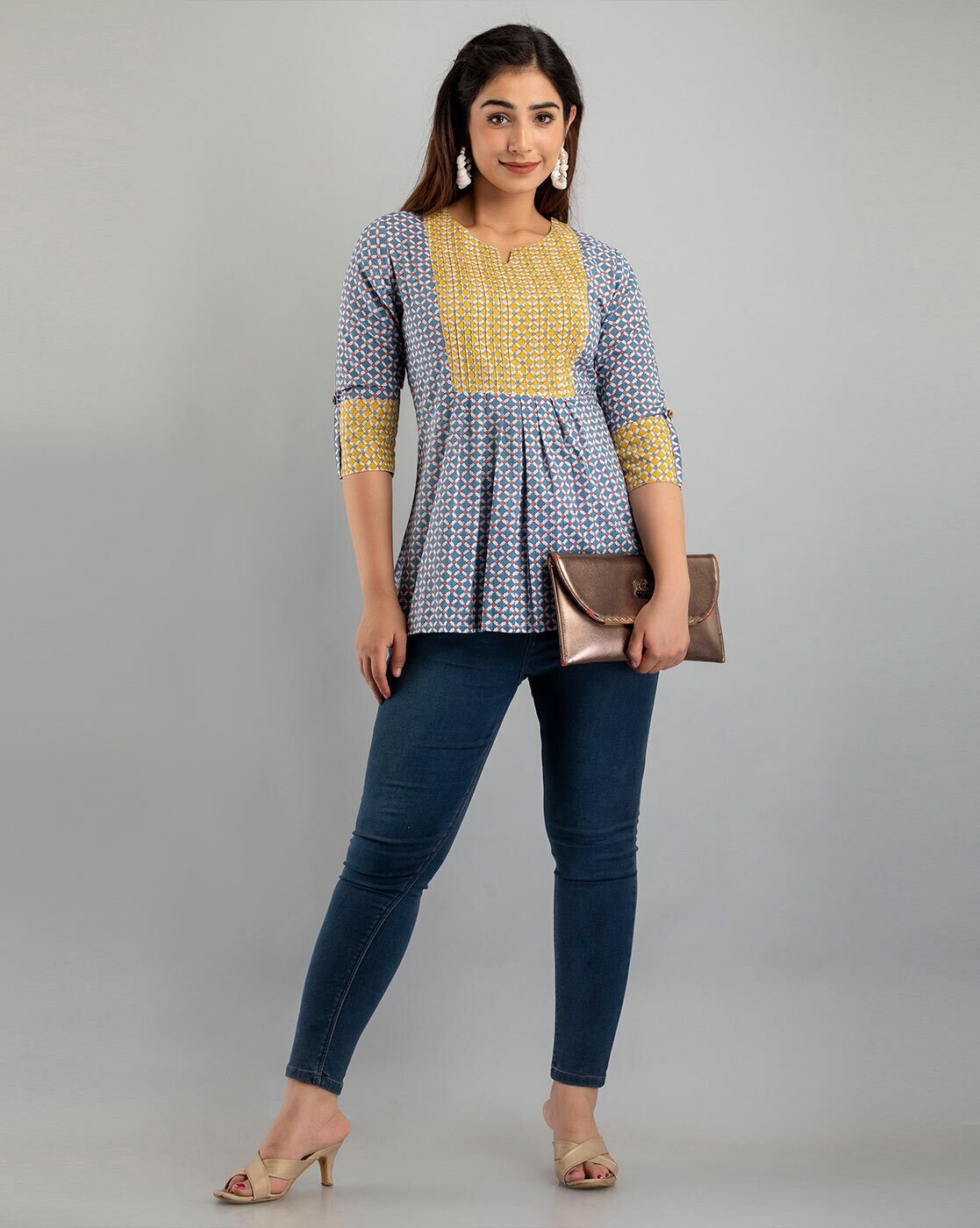 LIVING ROOTS Pure Cotton Ethenic Casual Short Staright Kurti for Girls/Women 3/4 Sleeve (6056)