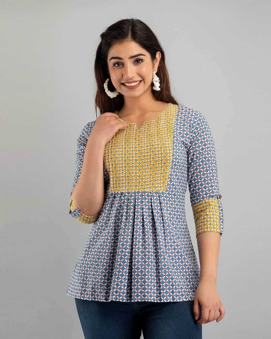 LIVING ROOTS Pure Cotton Ethenic Casual Short Staright Kurti for Girls/Women 3/4 Sleeve (6056)