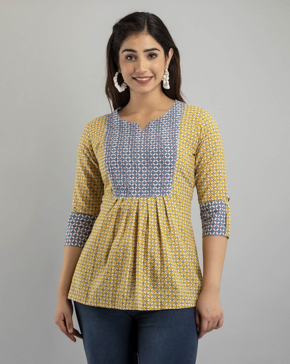 LIVING ROOTS Pure Cotton Ethenic Casual Short Staright Kurti for Girls/Women 3/4 Sleeve (6058)