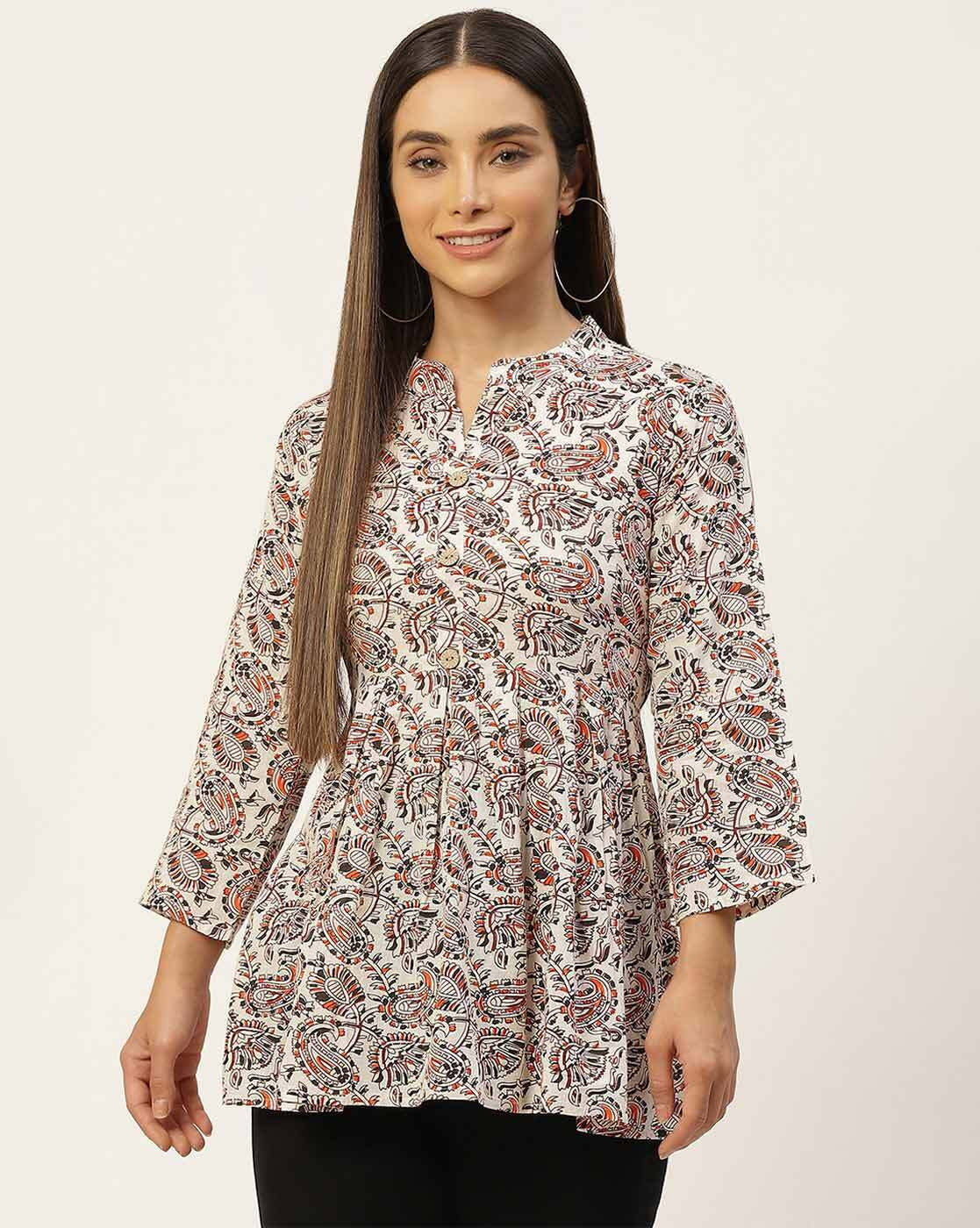 LIVING ROOTS Pure Cotton Ethenic Casual Short Staright Kurti for Girls/Women 3/4 Sleeve (6065)