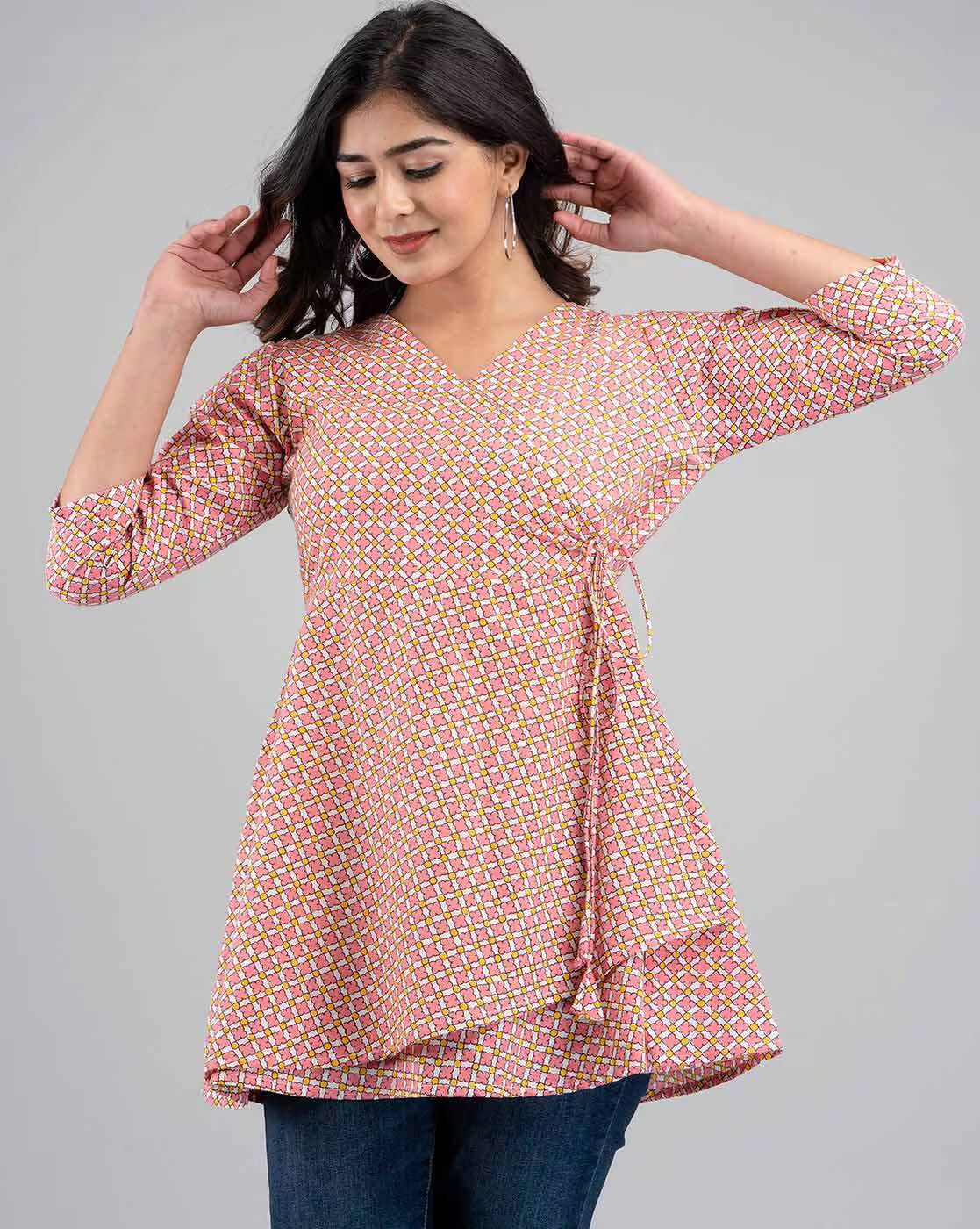 LIVING ROOTS Pure Cotton Ethenic Casual Short Staright Kurti for Girls/Women 3/4 Sleeve (6075)
