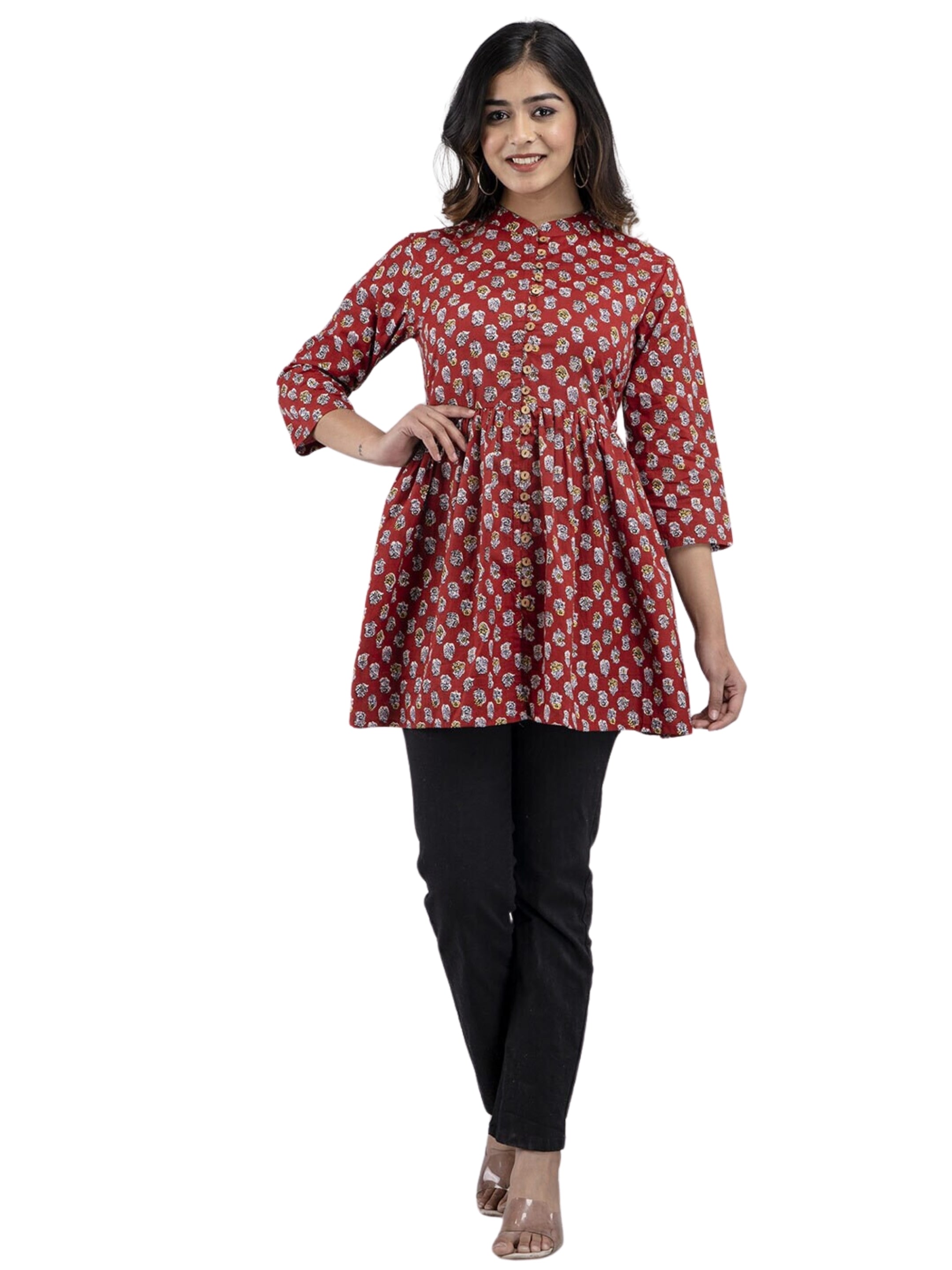 LIVING ROOTS Pure Cotton Ethenic Casual Short Staright Kurti for Girls/Women 3/4 Sleeve (6092)