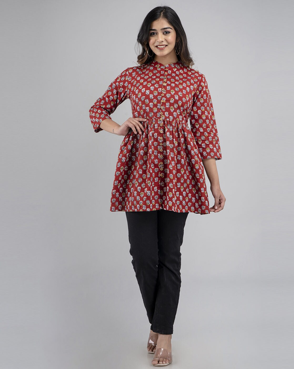 LIVING ROOTS Pure Cotton Ethenic Casual Short Staright Kurti for Girls/Women 3/4 Sleeve (6092)