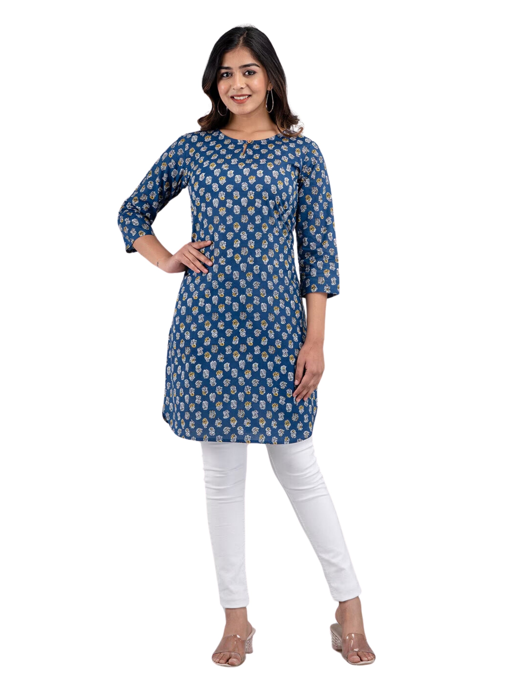 LIVING ROOTS Pure Cotton Ethenic Casual Short Staright Kurti for Girls/Women 3/4 Sleeve (6096)