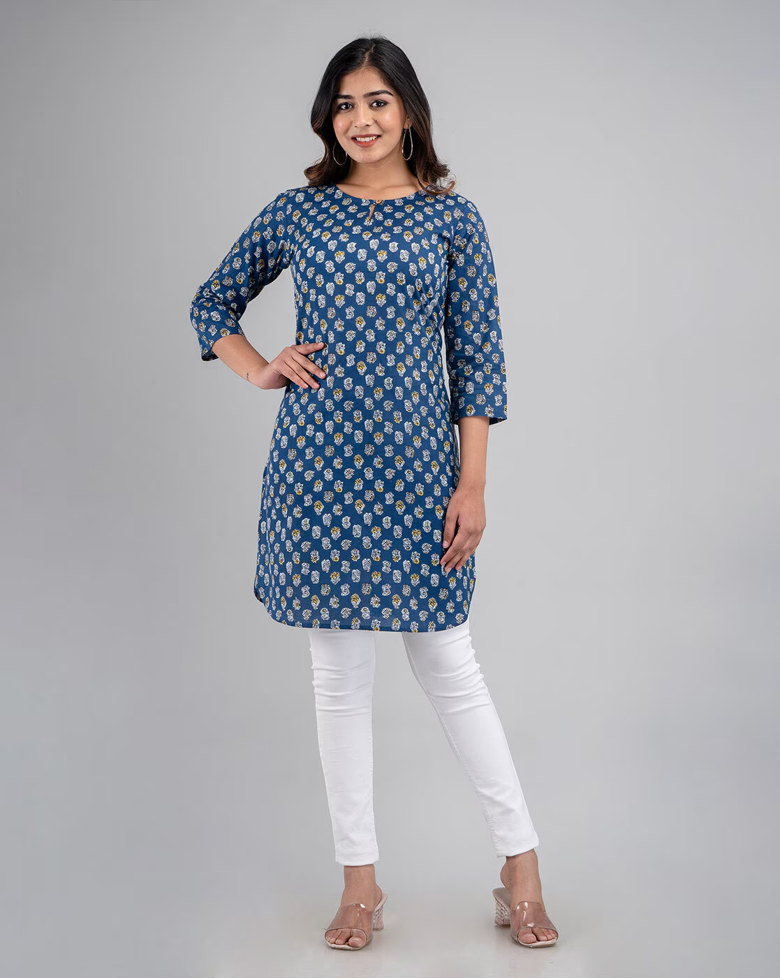 LIVING ROOTS Pure Cotton Ethenic Casual Short Staright Kurti for Girls/Women 3/4 Sleeve (6096)
