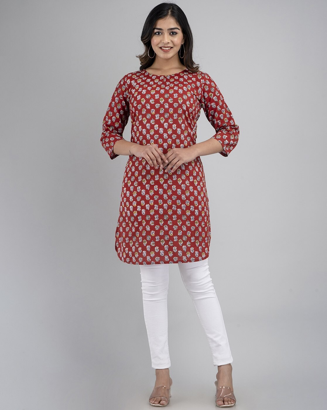 LIVING ROOTS Pure Cotton Ethenic Casual Short Staright Kurti for Girls/Women 3/4 Sleeve (6097)