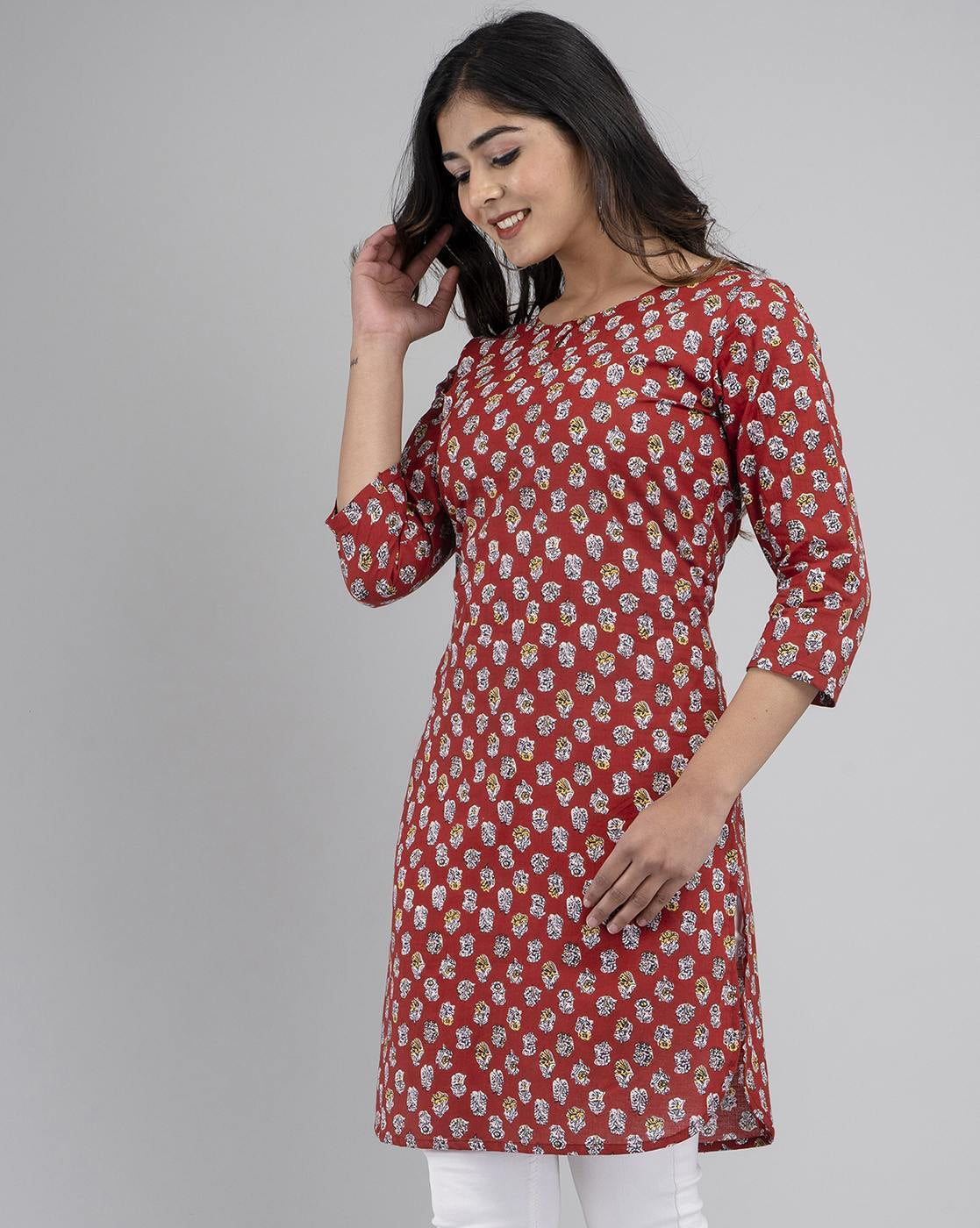 LIVING ROOTS Pure Cotton Ethenic Casual Short Staright Kurti for Girls/Women 3/4 Sleeve (6097)