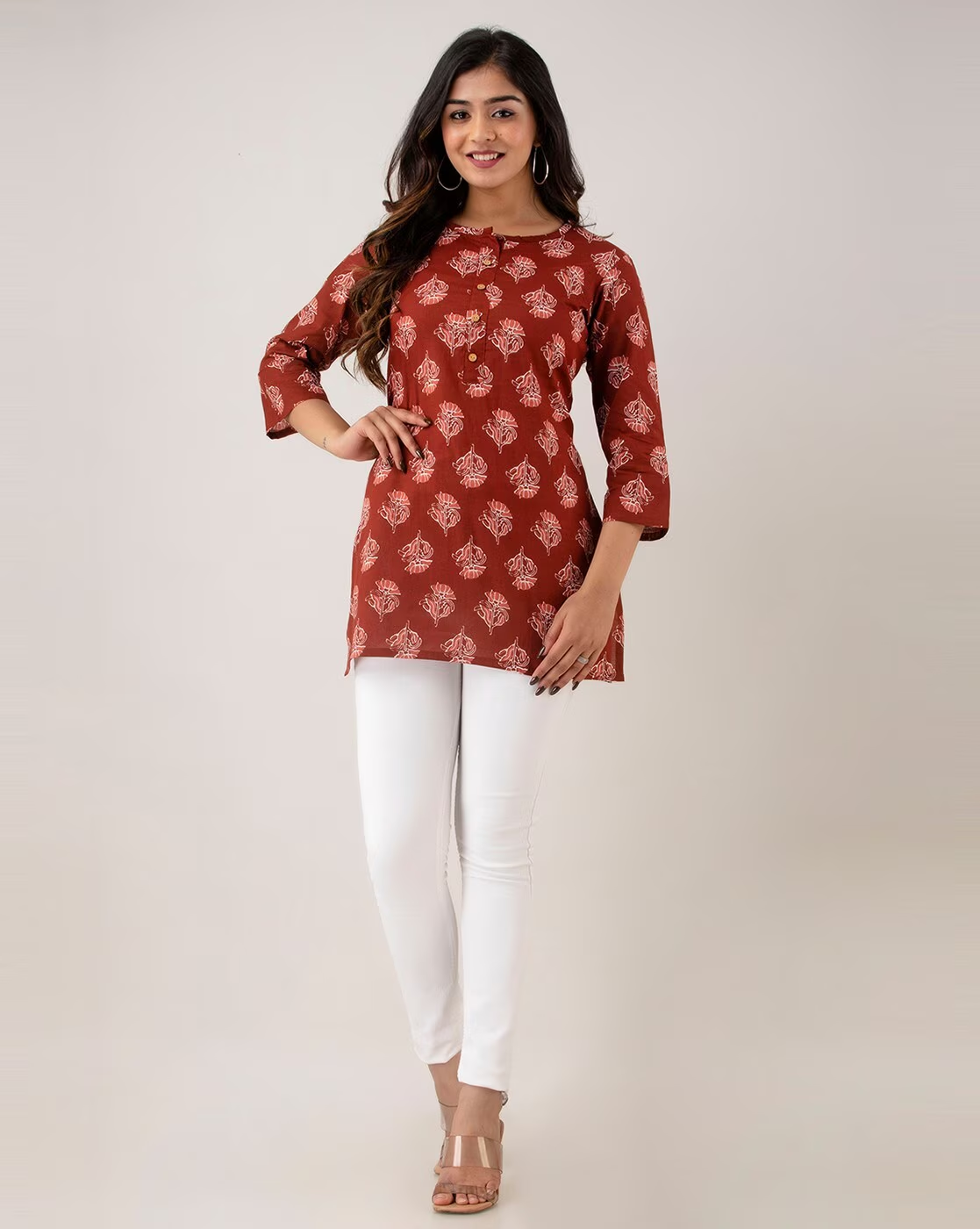 LIVING ROOTS Pure Cotton Ethenic Casual Short Staright Kurti for Girls/Women 3/4 Sleeve (6105)
