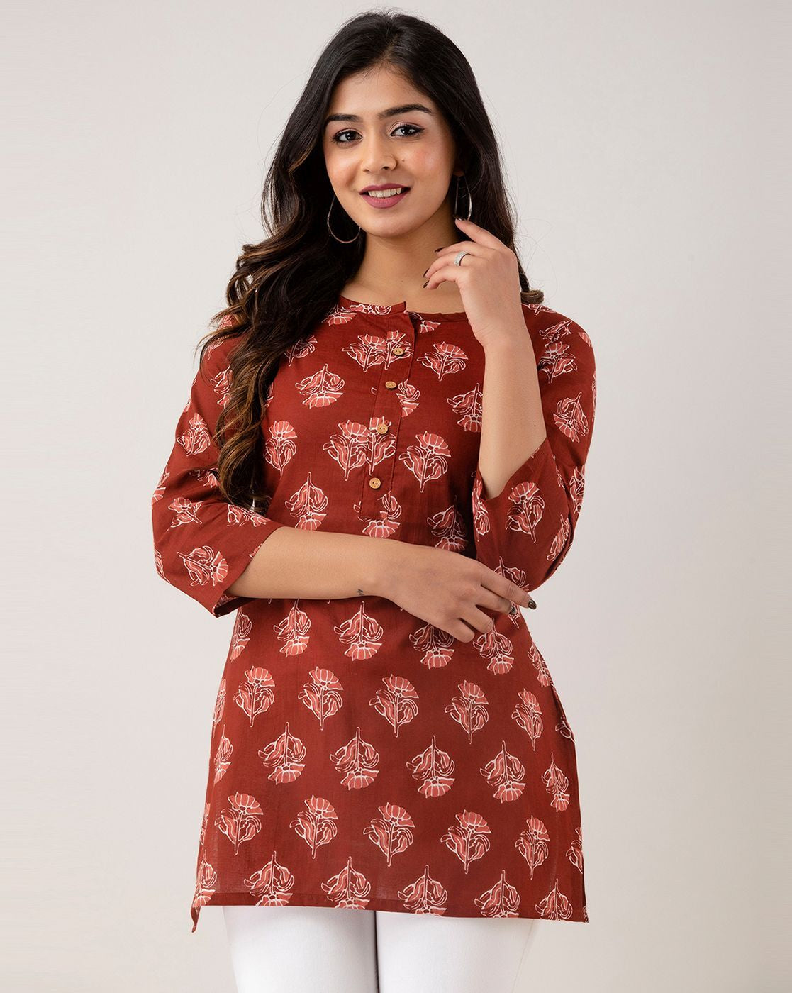 LIVING ROOTS Pure Cotton Ethenic Casual Short Staright Kurti for Girls/Women 3/4 Sleeve (6105)