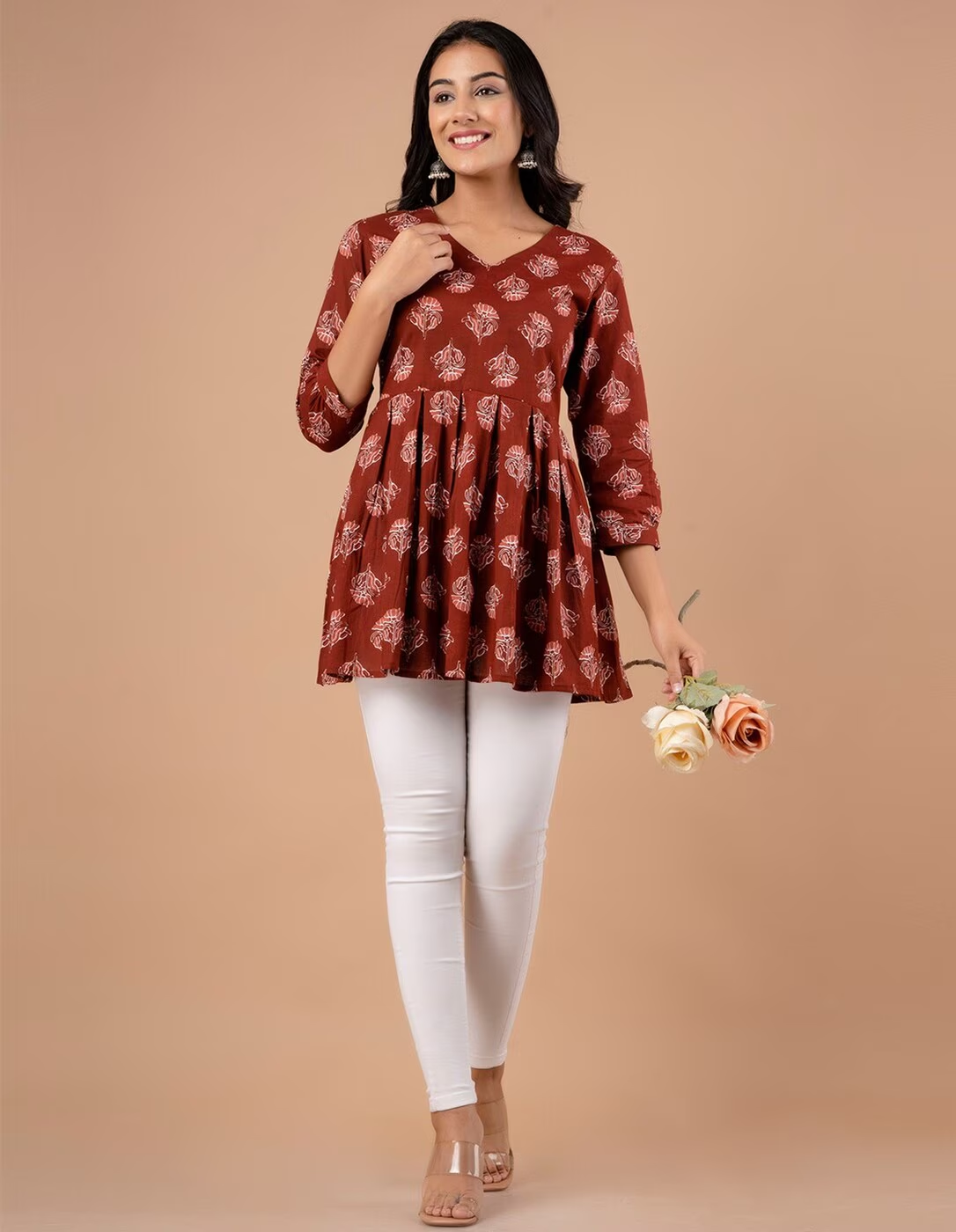 LIVING ROOTS Pure Cotton Ethenic Casual Short Staright Kurti for Girls/Women 3/4 Sleeve (6123)