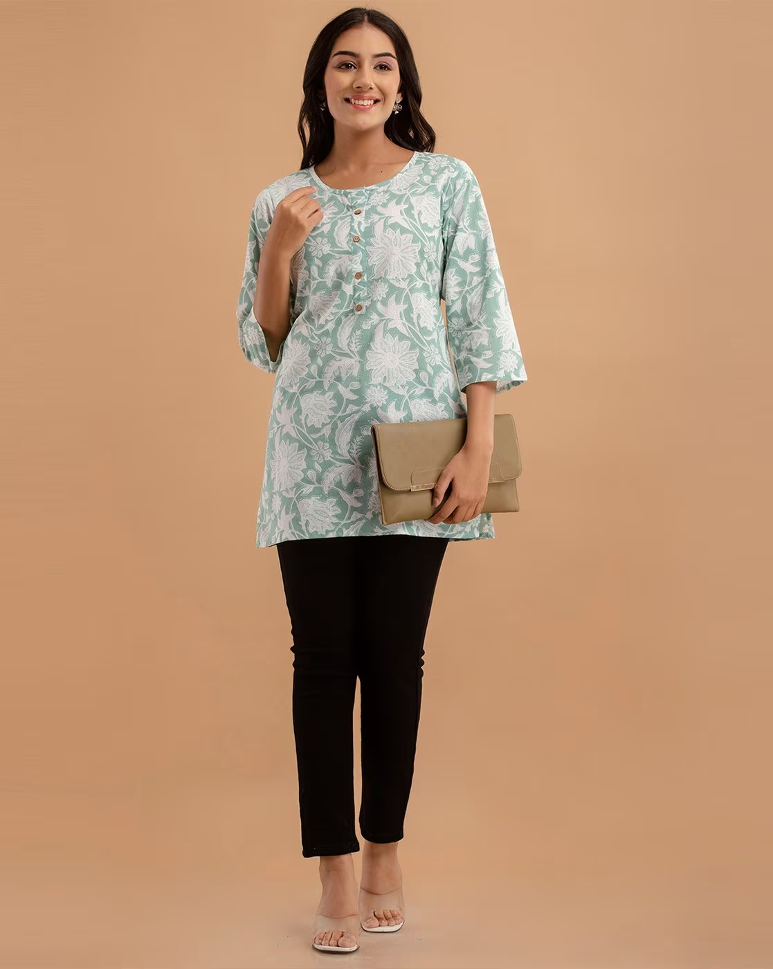 LIVING ROOTS Pure Cotton Ethenic Casual Short Staright Kurti for Girls/Women 3/4 Sleeve (6136)