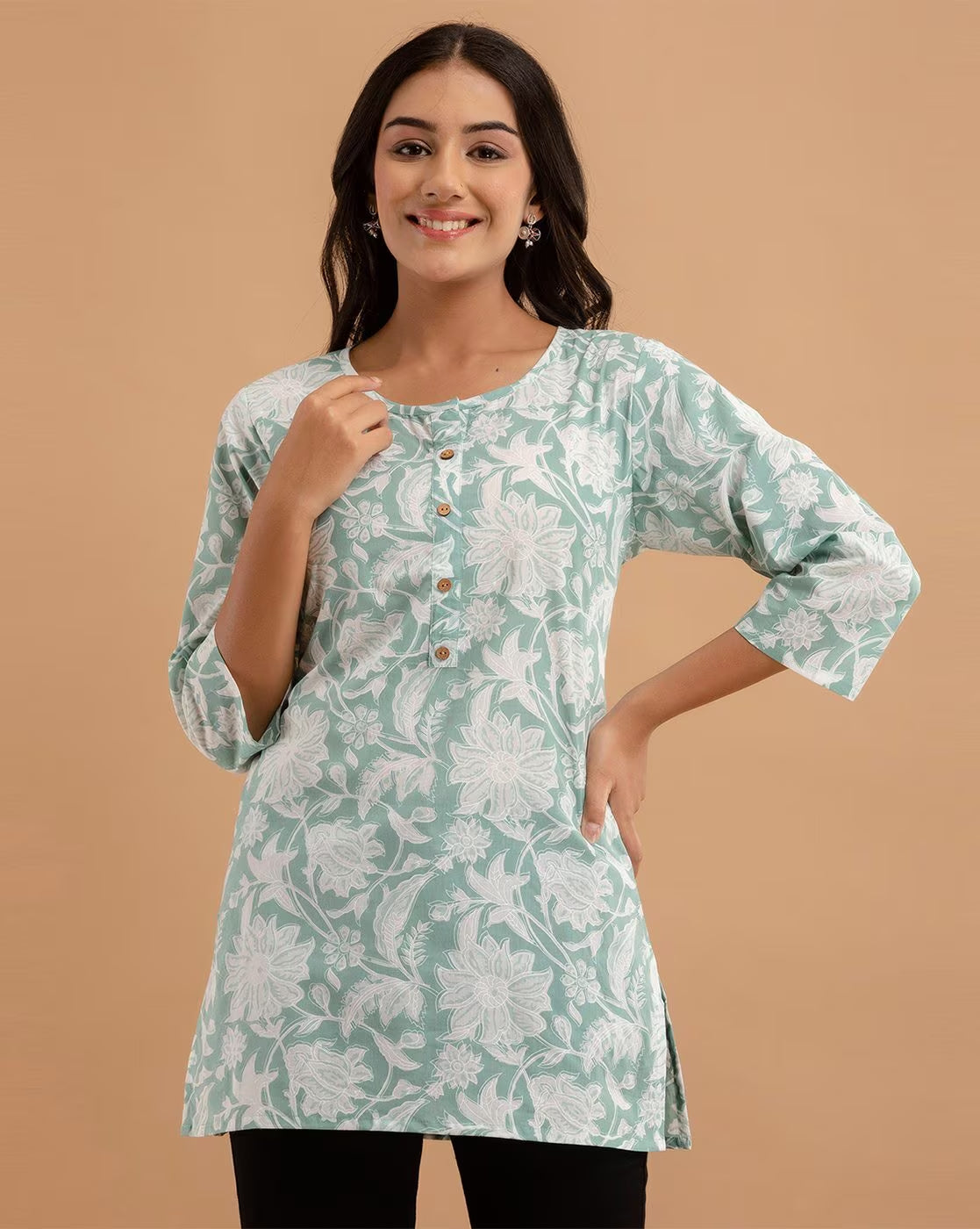 LIVING ROOTS Pure Cotton Ethenic Casual Short Staright Kurti for Girls/Women 3/4 Sleeve (6136)